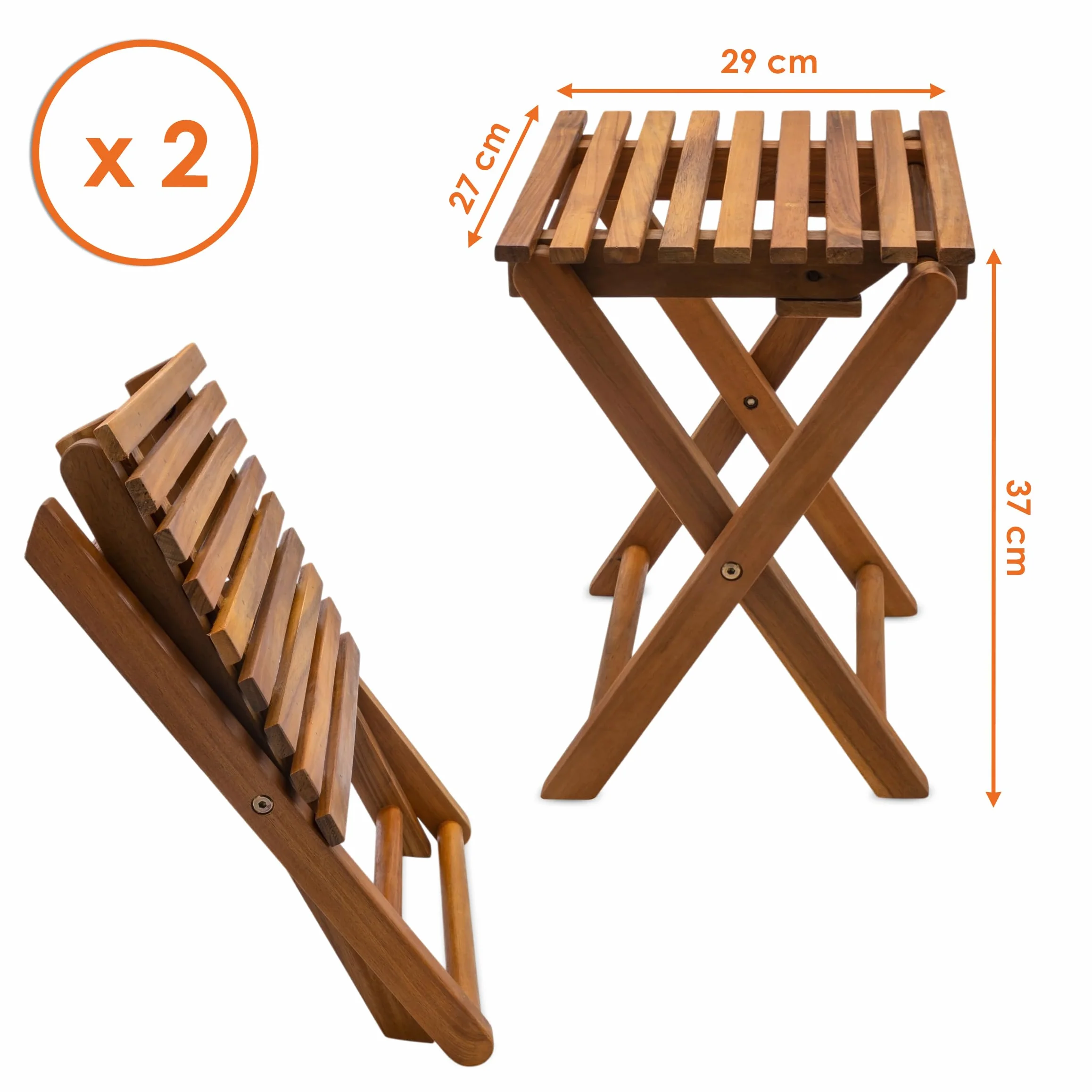Spetebo Lot de 2 tabourets pliants en acacia naturel huilé 37 x 29 cm – Tabouret à fleurs en bois pliable au look teck