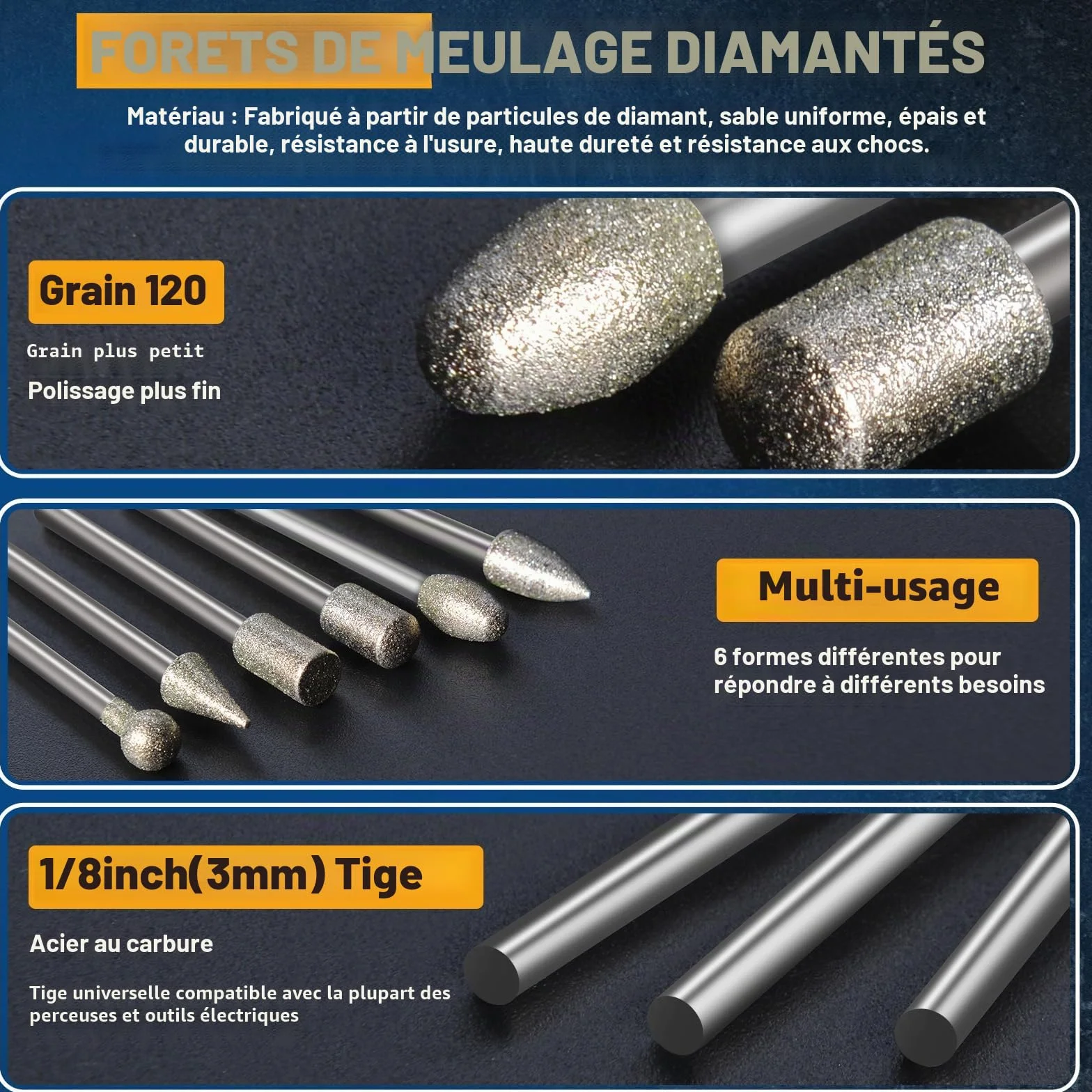 Ensemble de Fraises Diamantées pour Sculpture, Kits de polissage 20 PCS Accessoires d’outils rotatifs Tige 1/8' pour Gravure, Meulage, Pierres, Roches, Bijoux, Verre, Céramique