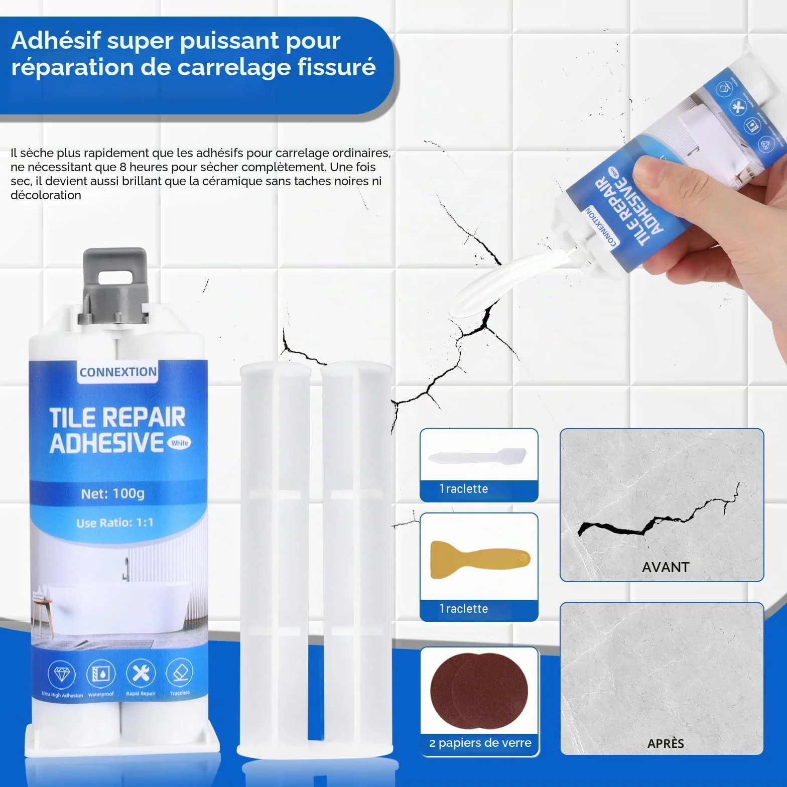 Kit de Reparation Baignoire Blanc 100g, Kit Réparation Carrelage et Evier Céramique, Kits Réparation Baignoire Acrylique et Email, pour Entailles, Rayures, Trous, Fissures