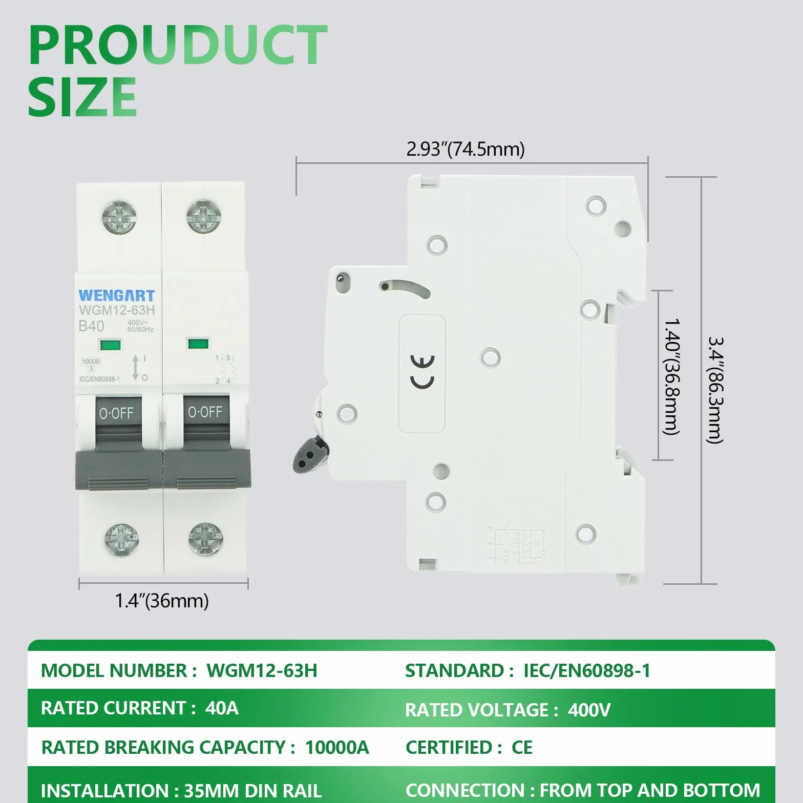 Wengart Disjoncteur Miniature WGM12-63H - 2P (Bipolaire) 40A - Courbe B - Haut Pouvoir de Coupure 10kA - Protection Réactive pour Lignes Longues, Onduleurs et Baies Informatiques