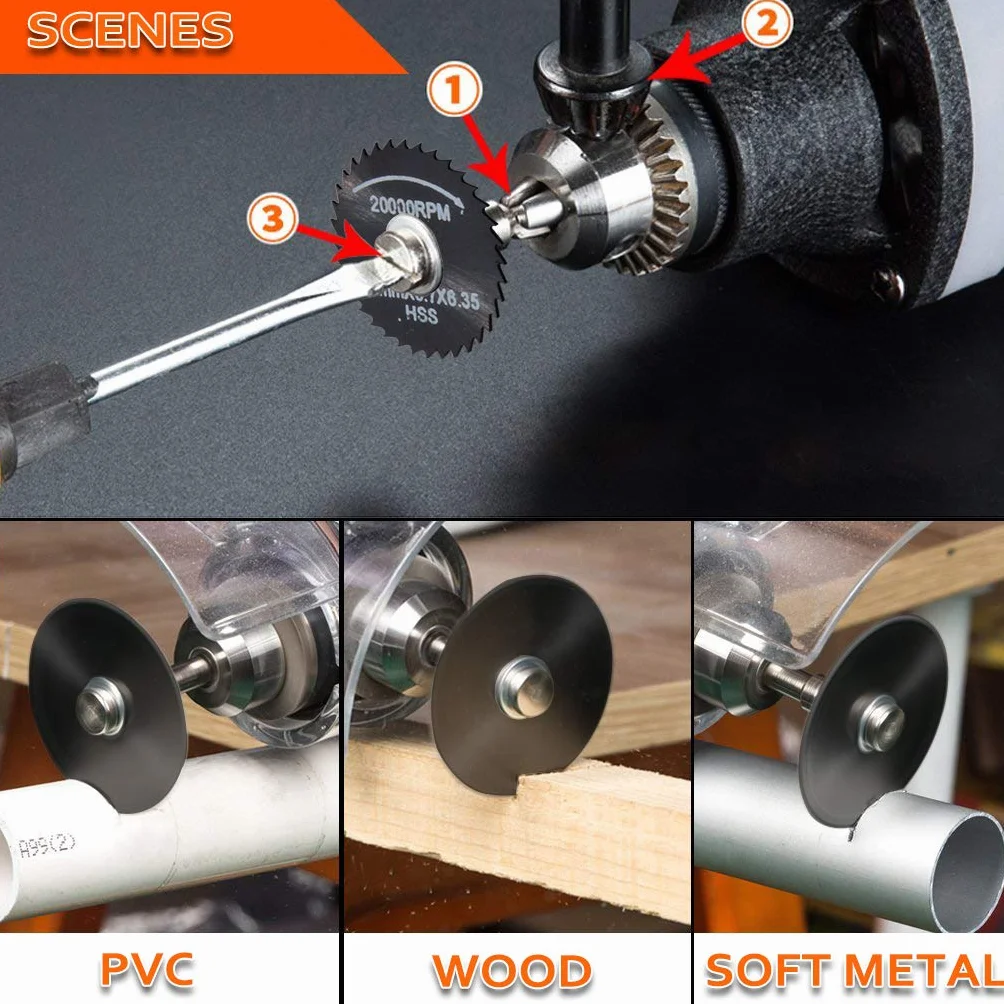 7pc HSS lames de scie outil rotatif, (Acier de nitruration) circulaire Disques de lame de scie, (disque à tronçonner en bois) pour Outil rotatif Mandrin avec tige d'extension 1/8 "(3.175mm) by AniSqui