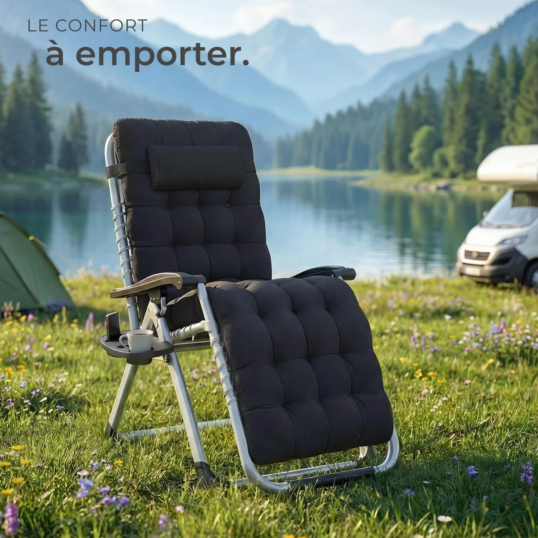 Tectake Fauteuil de Jardin Pliable avec Rembourrage, Repose Pieds, Accoudoirs, Appuie-tête Amovible, Structure Acier époxy