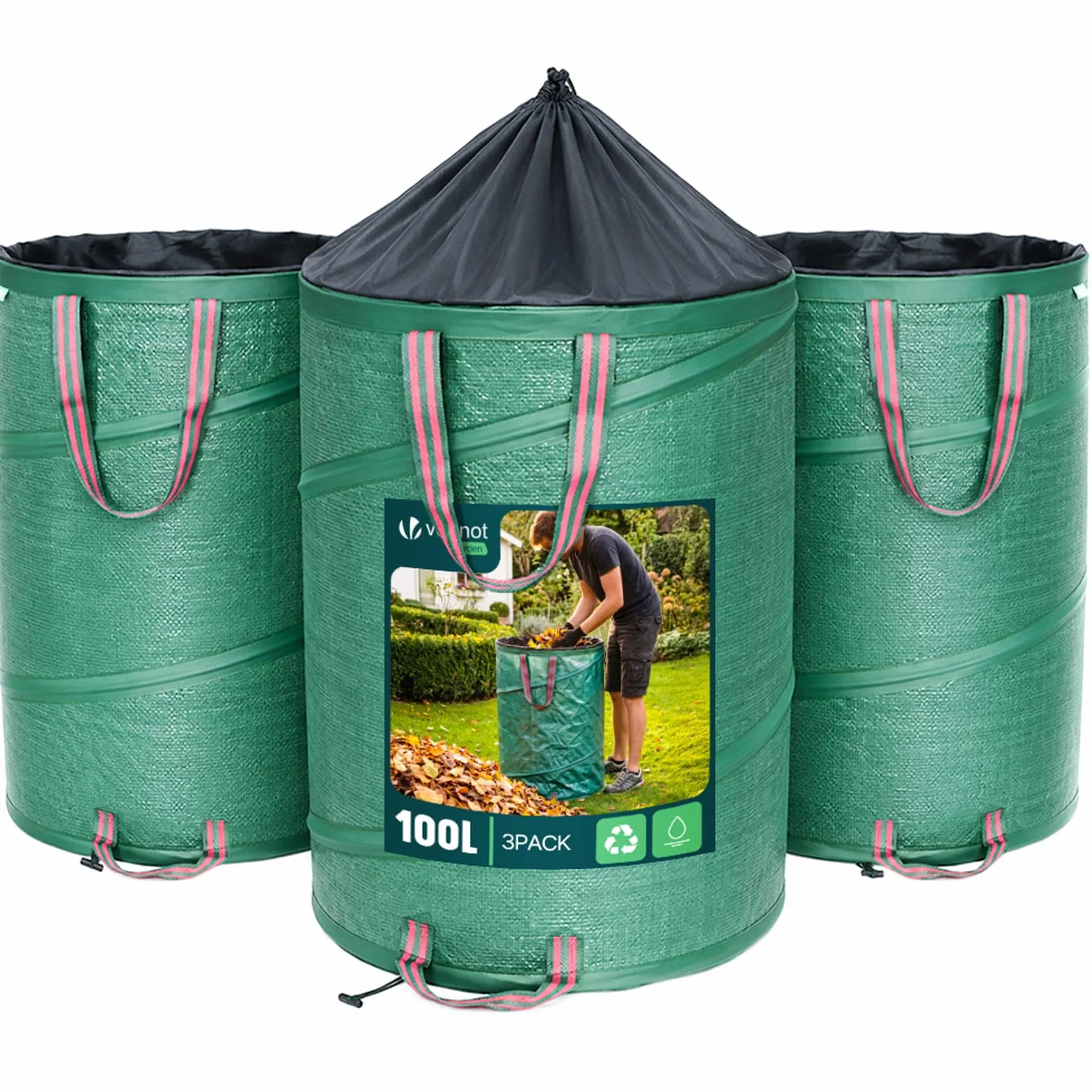 Lot de 3 Sac de Jardin Pop up 100L Polyéthylène Robuste avec Poignées Pliable Vert