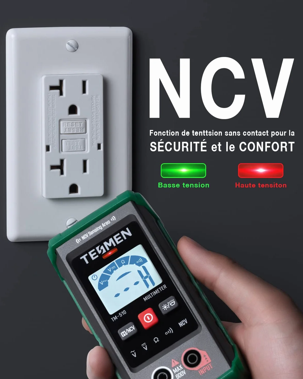 TESMEN TM-510 Multimetre Numerique, Testeur Electrique 4000 Comptes, Multimetre Professionnel Mesure Intelligente, Auto-Ranging Voltmetre, Mesure La Tension AC/DC, Resistance, Continuite – Vert