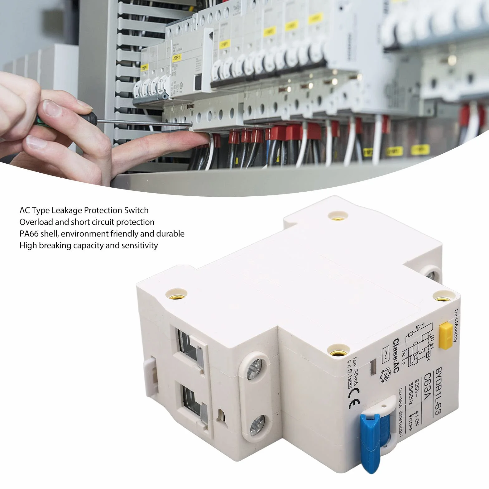 Disjoncteur Miniature 230V, AC Type 30mA C63A 1P N Disjoncteur à Courant Résiduel, Protecteur de Fuite Protection Contre les Surcharges Commutateur D'air pour Lignes de Distribution D'éclairage