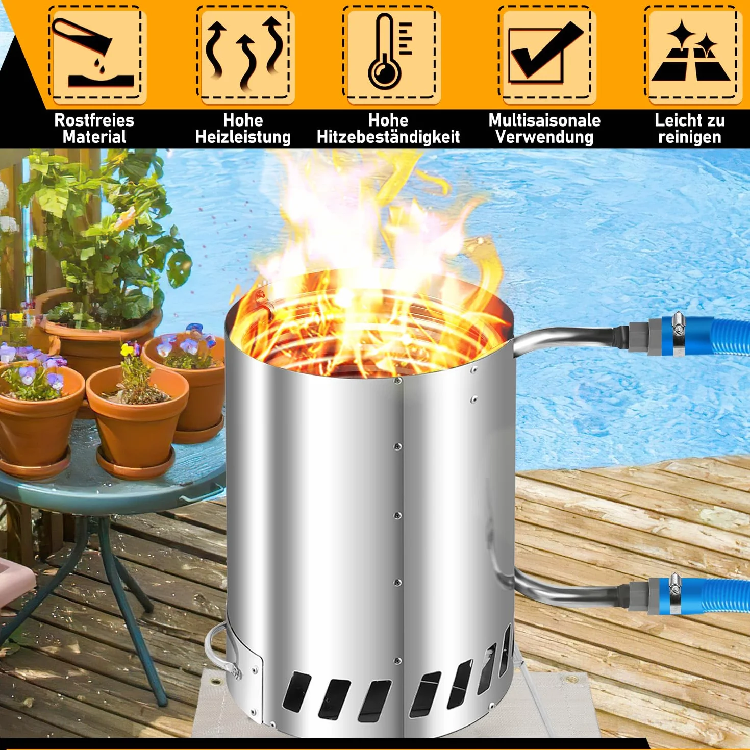 Chauffage de piscine en acier inoxydable Ø 32-38 mm avec feu et spirale chauffante