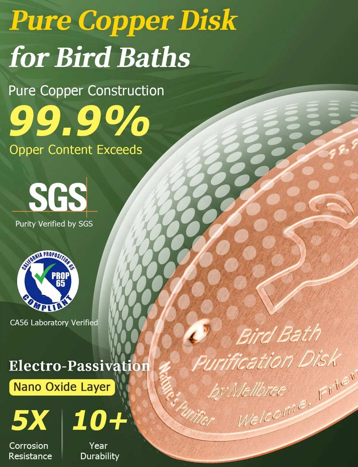 Mellbree Disque en cuivre pour Bain d'oiseaux, 0,6 mm renforcé, 99,99% cuivre pur avec support à trois points