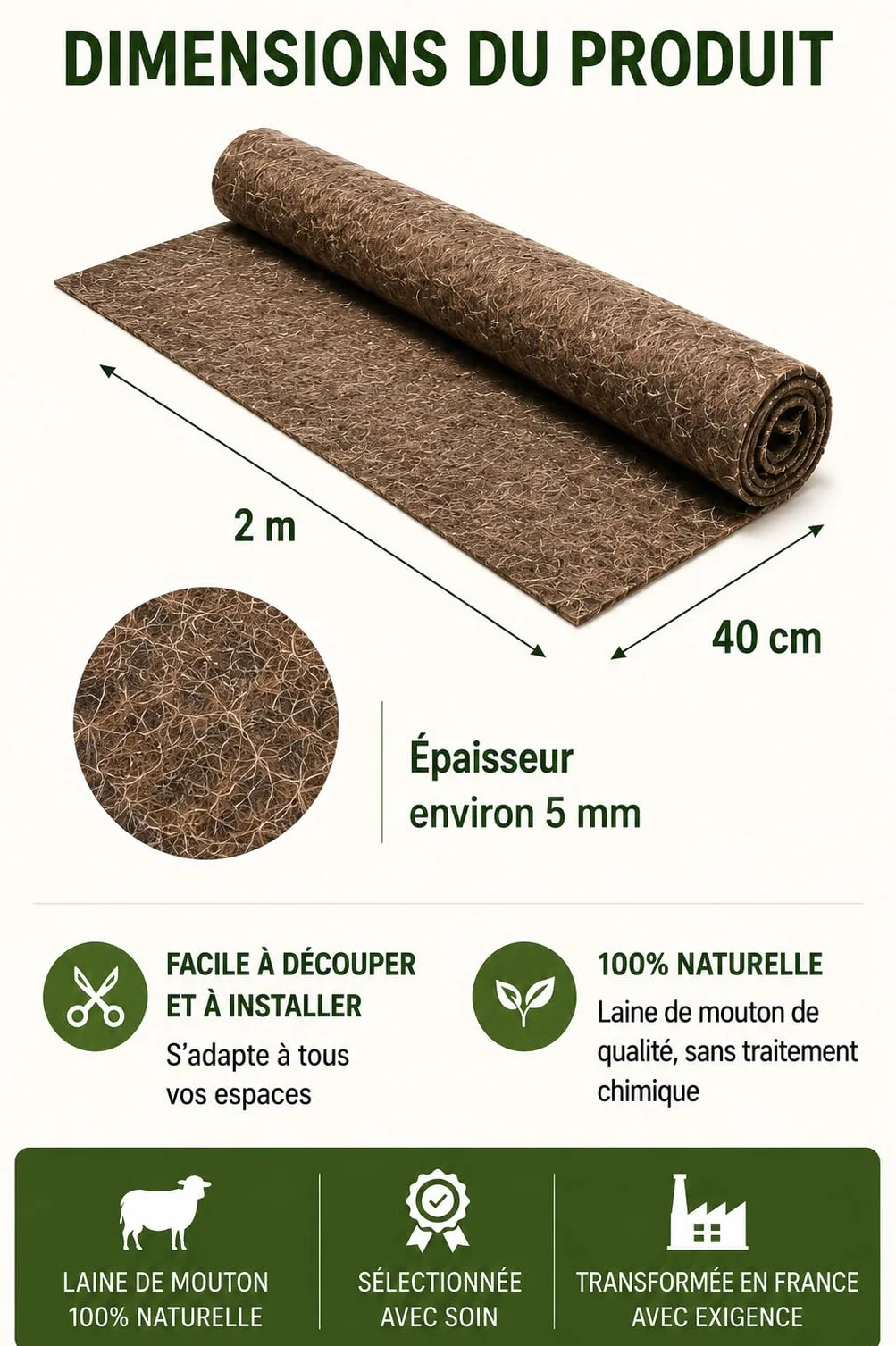 La Cordeline Feutre Paillage 100% Laine 40 cm x 2 m 600 GR/m2 Naturelle Beige