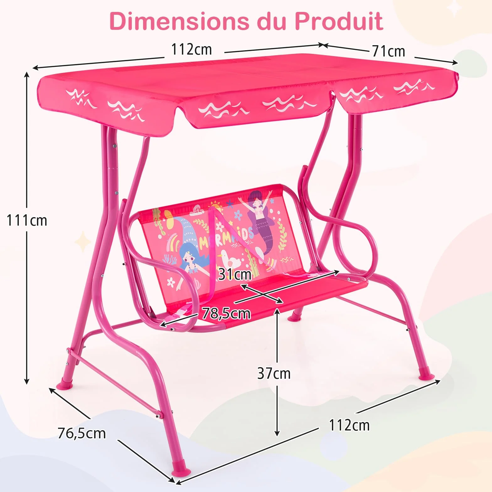 GOPLUS Balancelle de Jardin 2 Places avec Auvent Réglable Ceintures de Sécurité 80 KG Sirène Rose