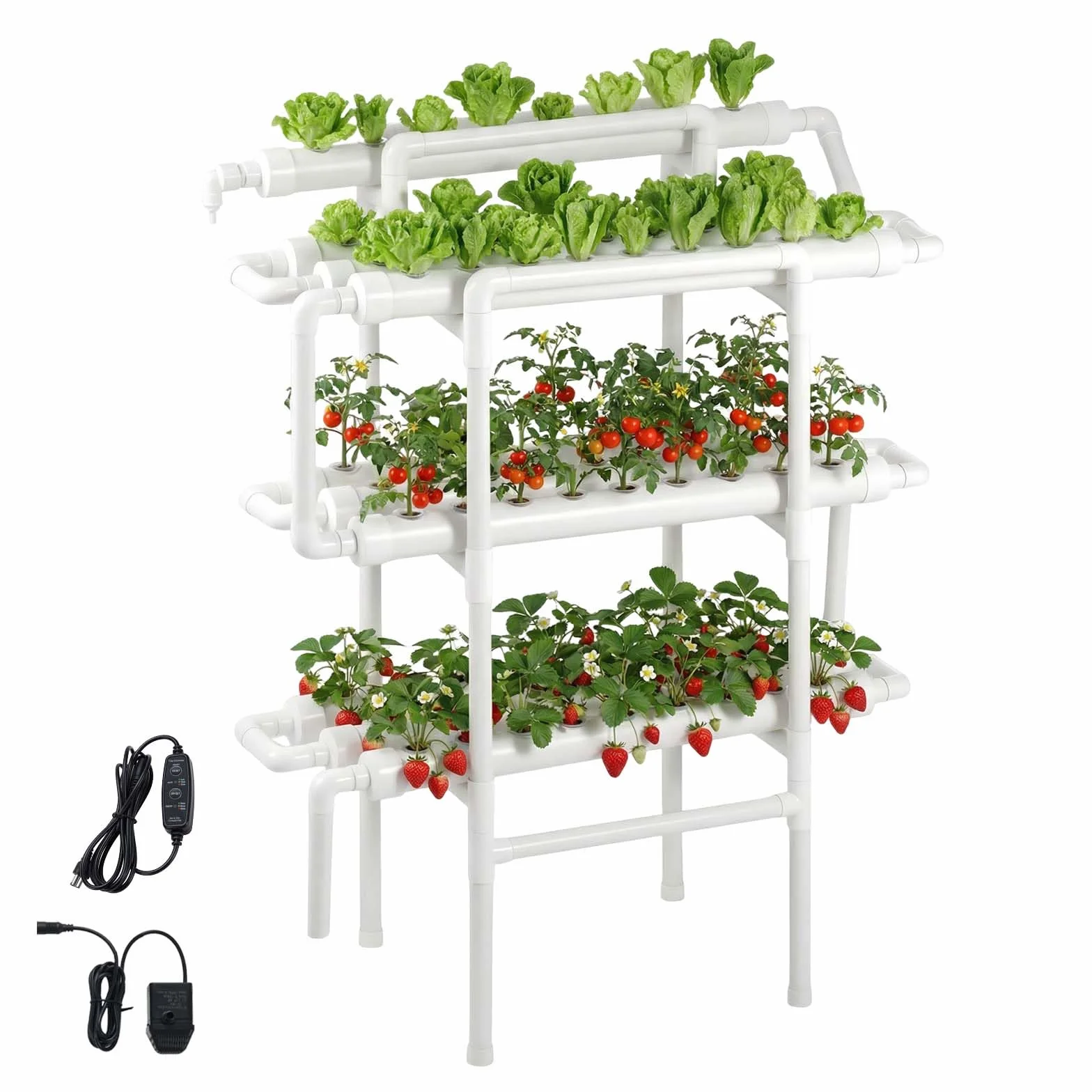 VEVOR Kit de Culture Hydroponique NFT 3 Niveaux 90 Emplacements Jardin Intérieur Légumes Herbes Fruits Tubes PVC-U Anti-Lumière Irrigation Programmée