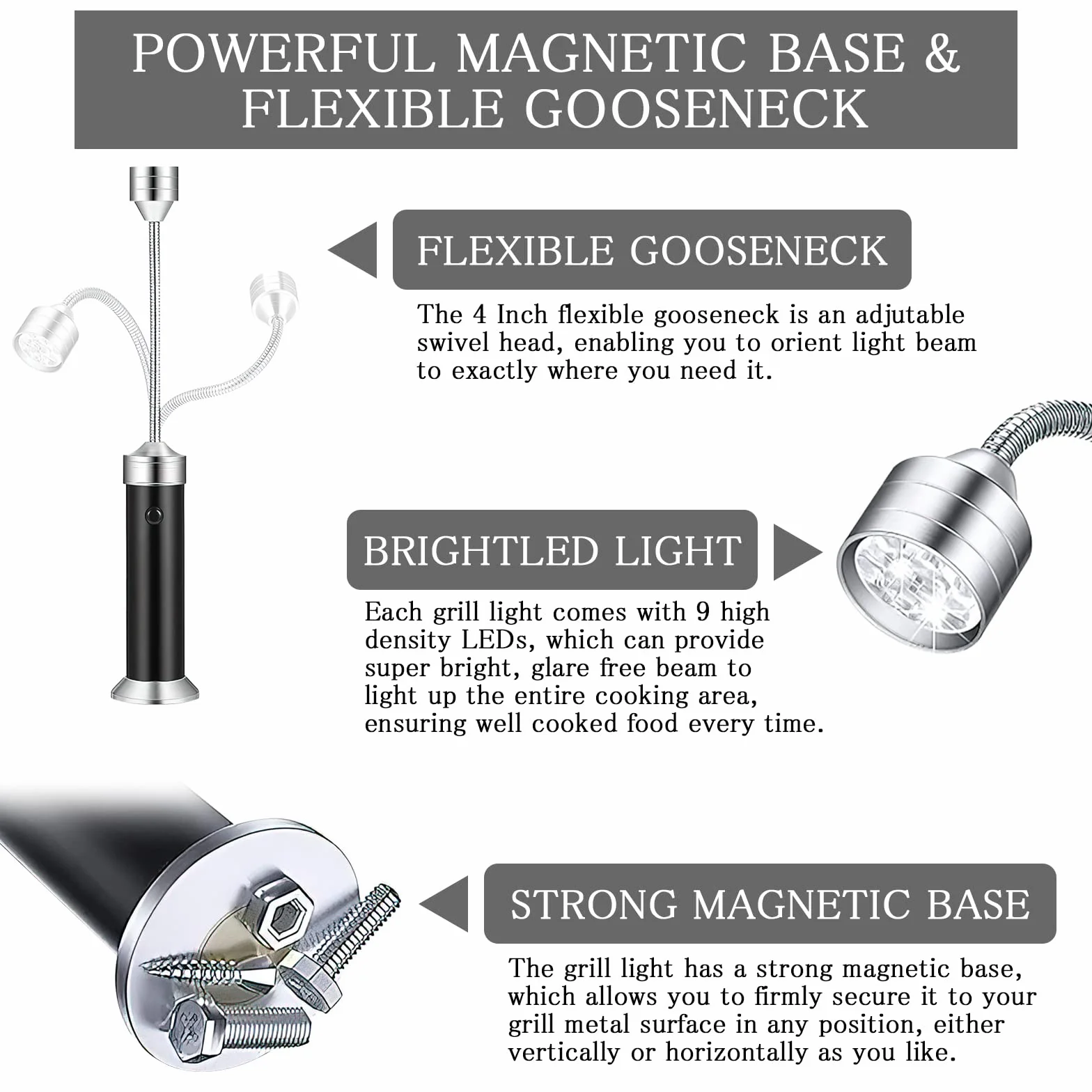 HENGBIRD Lot de 2 Lampe LED Barbecue Gril BBQ avec Base Magnétique Rotation 360° Flexible Réglable