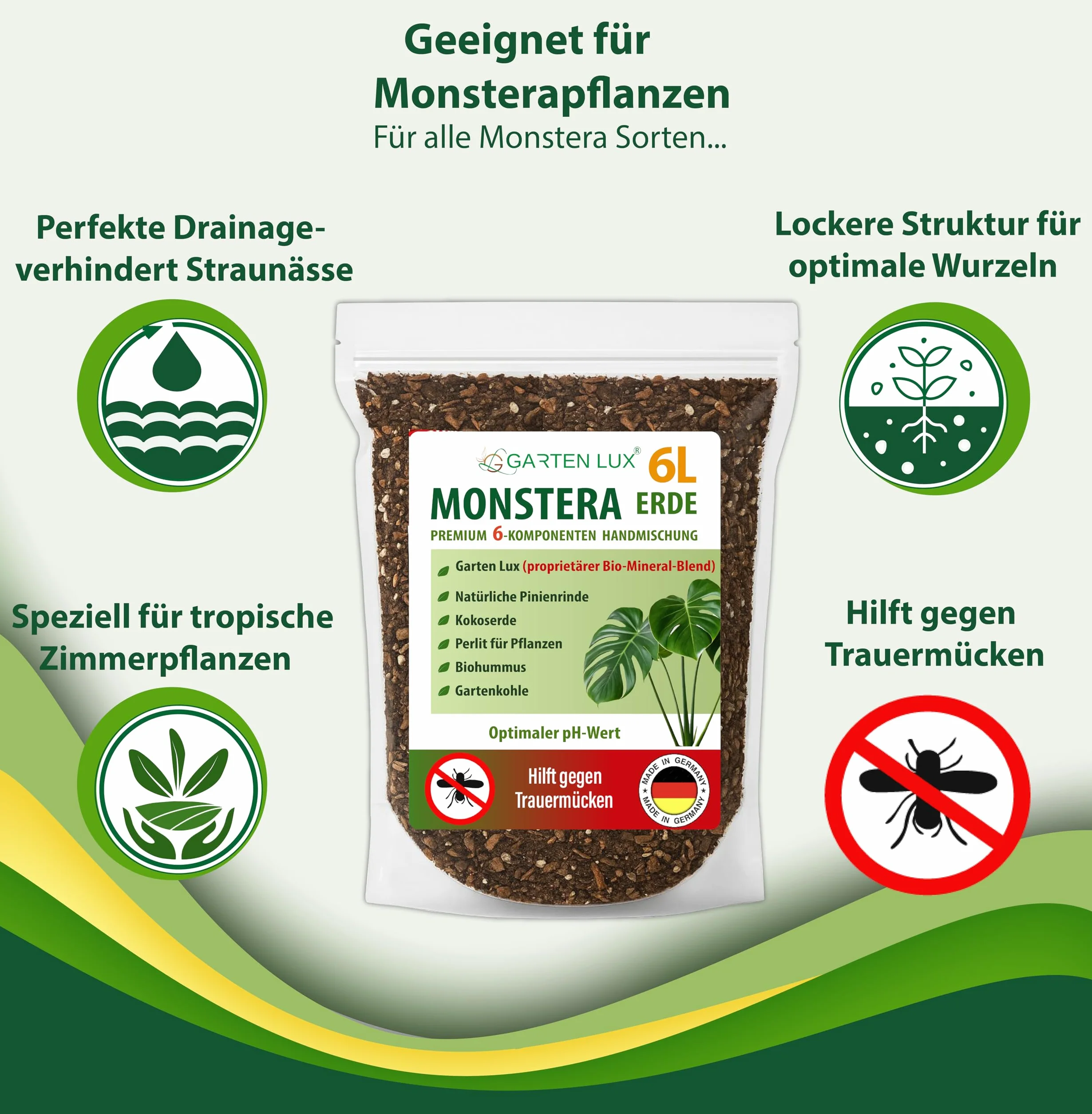 Monstera Terreau sans tourbe 6 en 1 contre les sciarides - Substrat aroïde - Terreau de coco, perlite, écorce de pin, biohumus, charbon de jardin