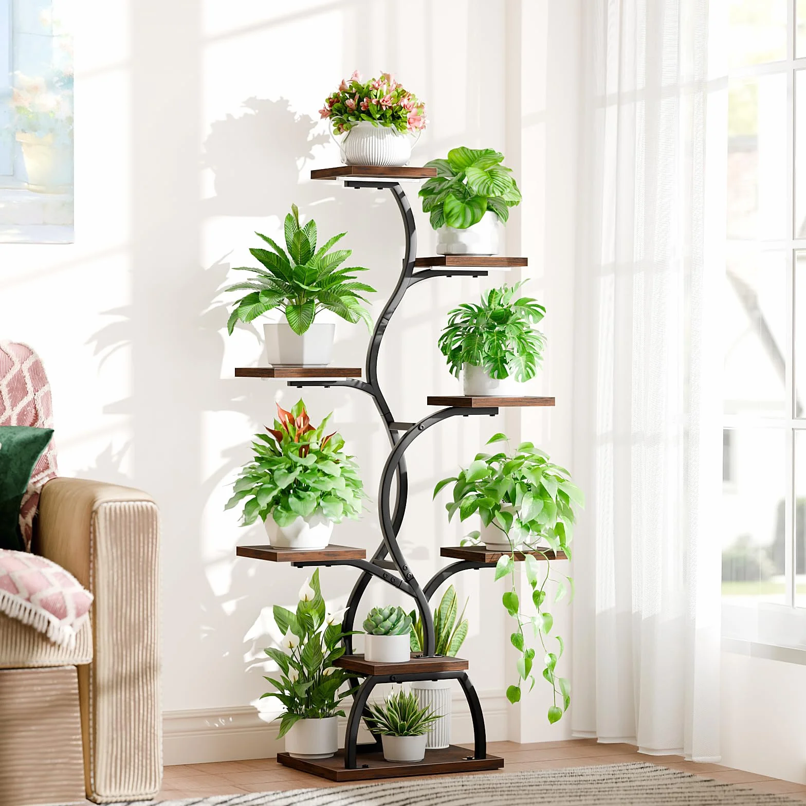 BACEKOLL Support pour plantes avec lumière de croissance 8 niveaux 124 cm Métal Bois Noir