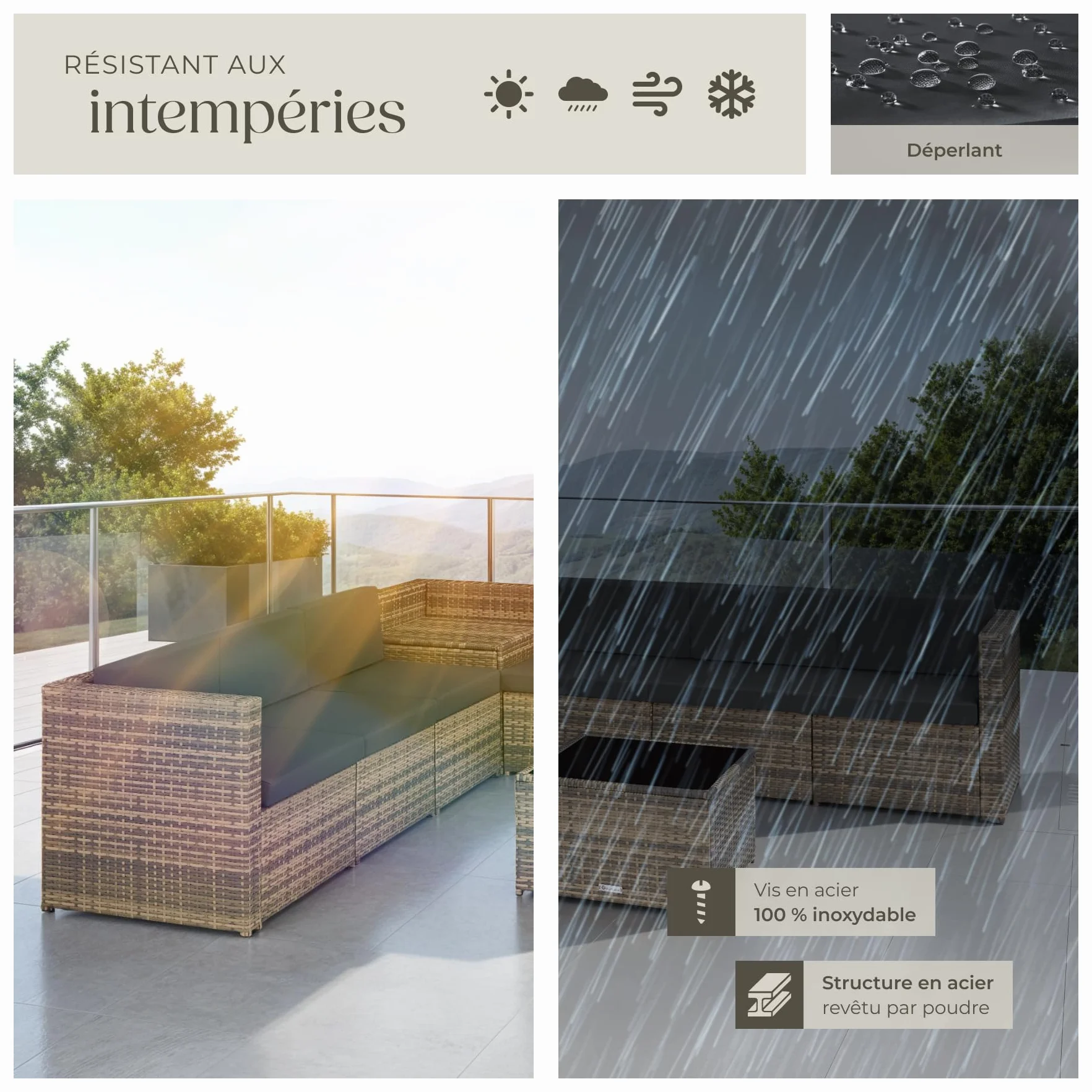 Tectake Salon de Jardin en Rotin 6 Places Resine Tressee Modulable avec Coffre et Table en Verre Marron Naturel