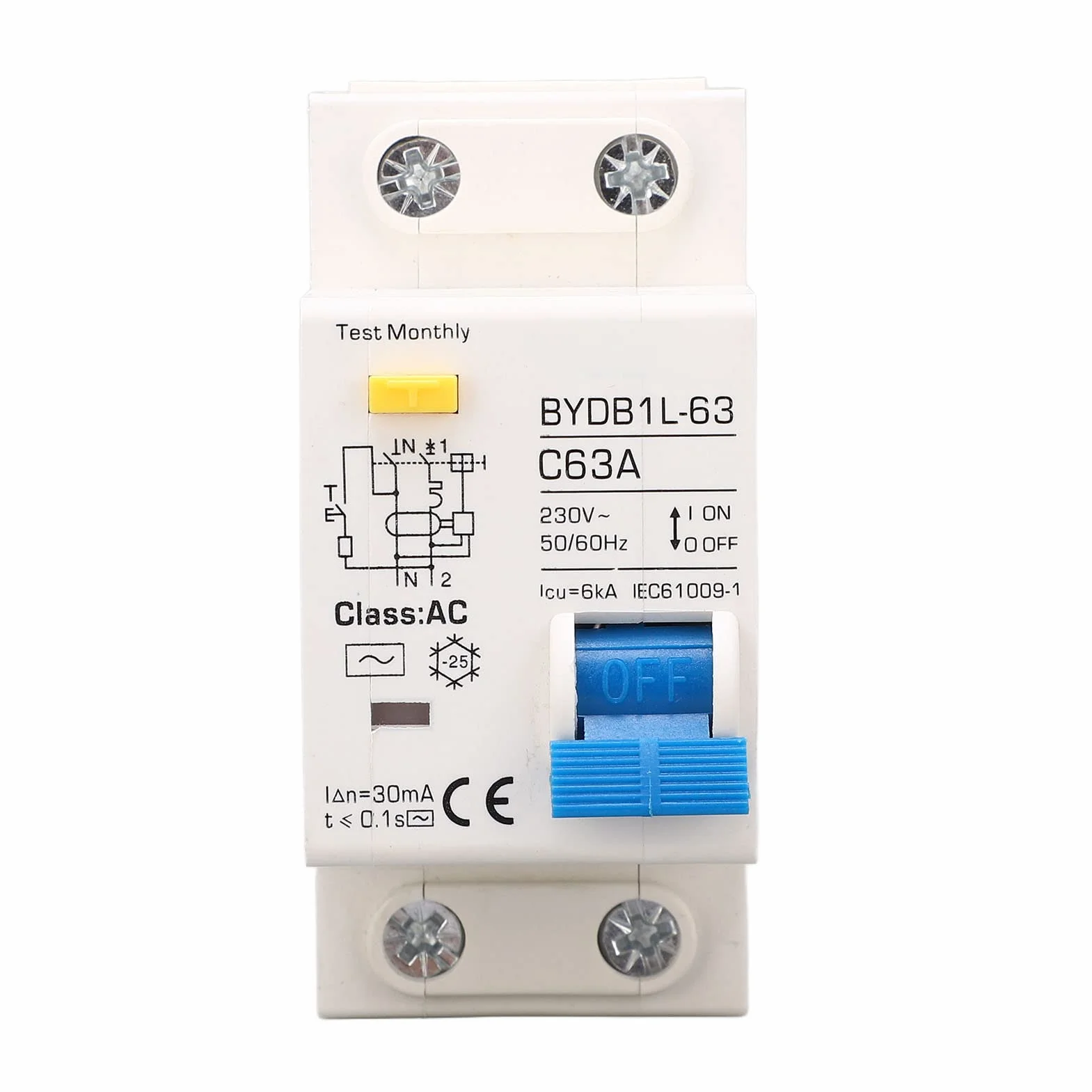 Disjoncteur Miniature 230V, AC Type 30mA C63A 1P N Disjoncteur à Courant Résiduel, Protecteur de Fuite Protection Contre les Surcharges Commutateur D'air pour Lignes de Distribution D'éclairage