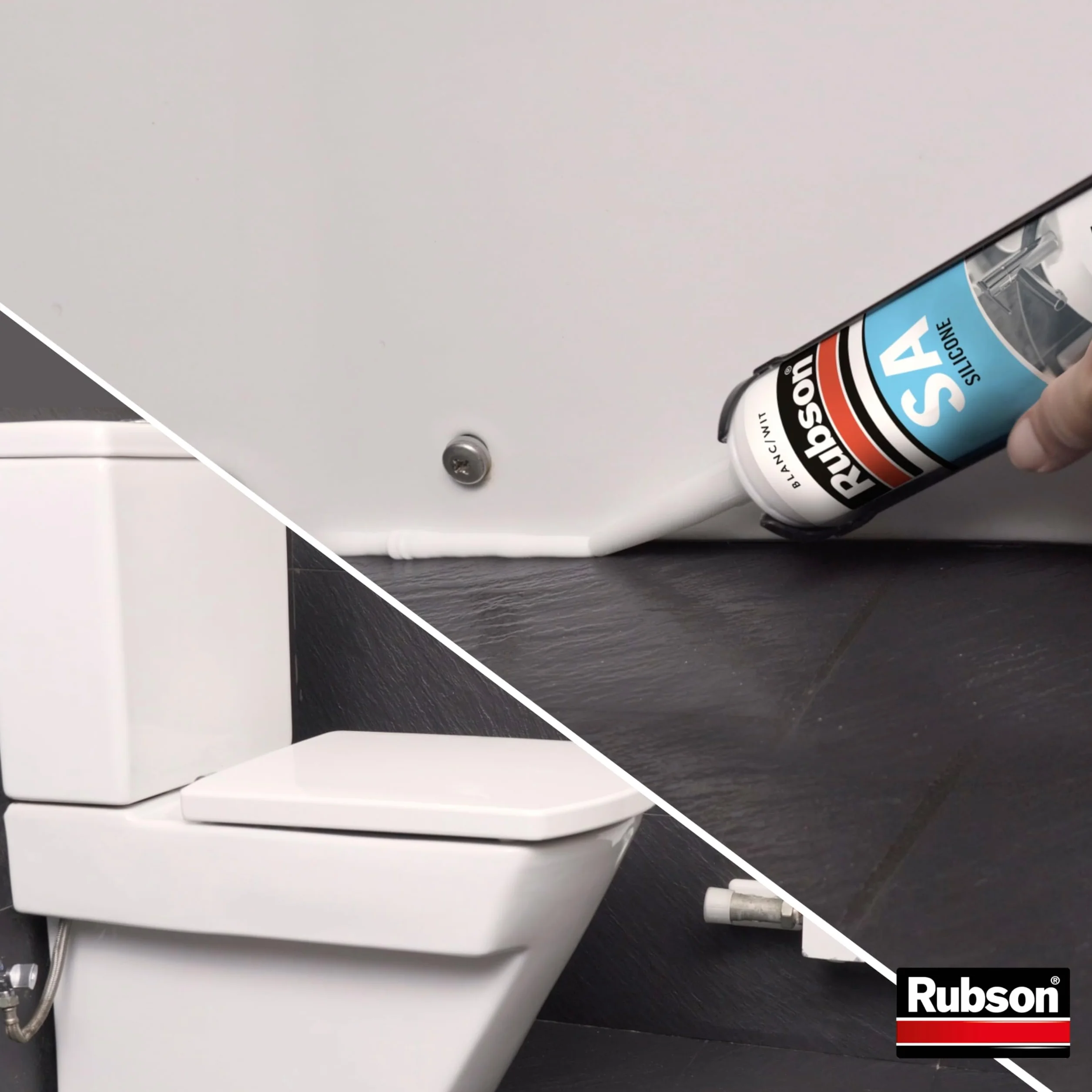 Rubson SA Mastic Sanitaire Blanc, Mastic silicone acétique contenant des antifongiques puissants, Joint sanitaire étanche pour tous matériaux émaillés, 300 ml