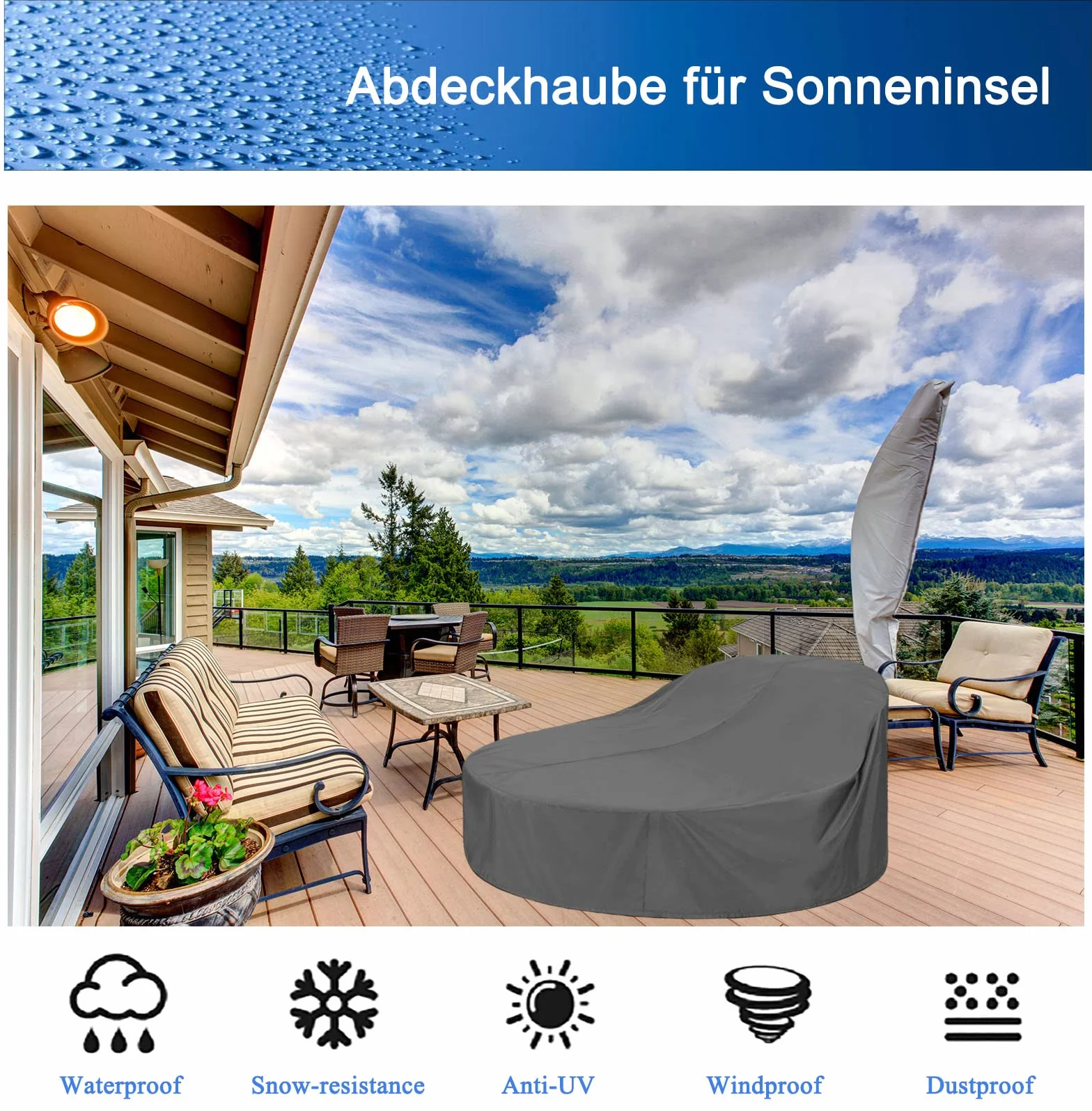 Housse Lit de Jardin Housse Protection Canapé Lit Rond Oxford 420D Imperméable Gris 230x90-50cm