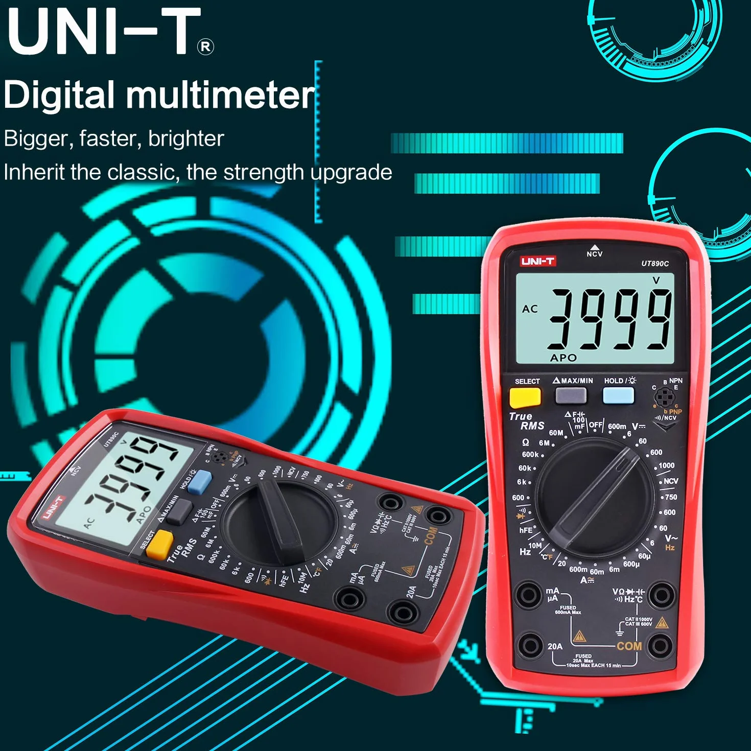 Multimètre, UT890C Multimètre Numérique True RMS 6000 Compte Ampèremètre Voltmètre Tension AC/DC Résistance Courant Capacité Fréquence Testeur mètre de température de Mesure avec Sonde LCD