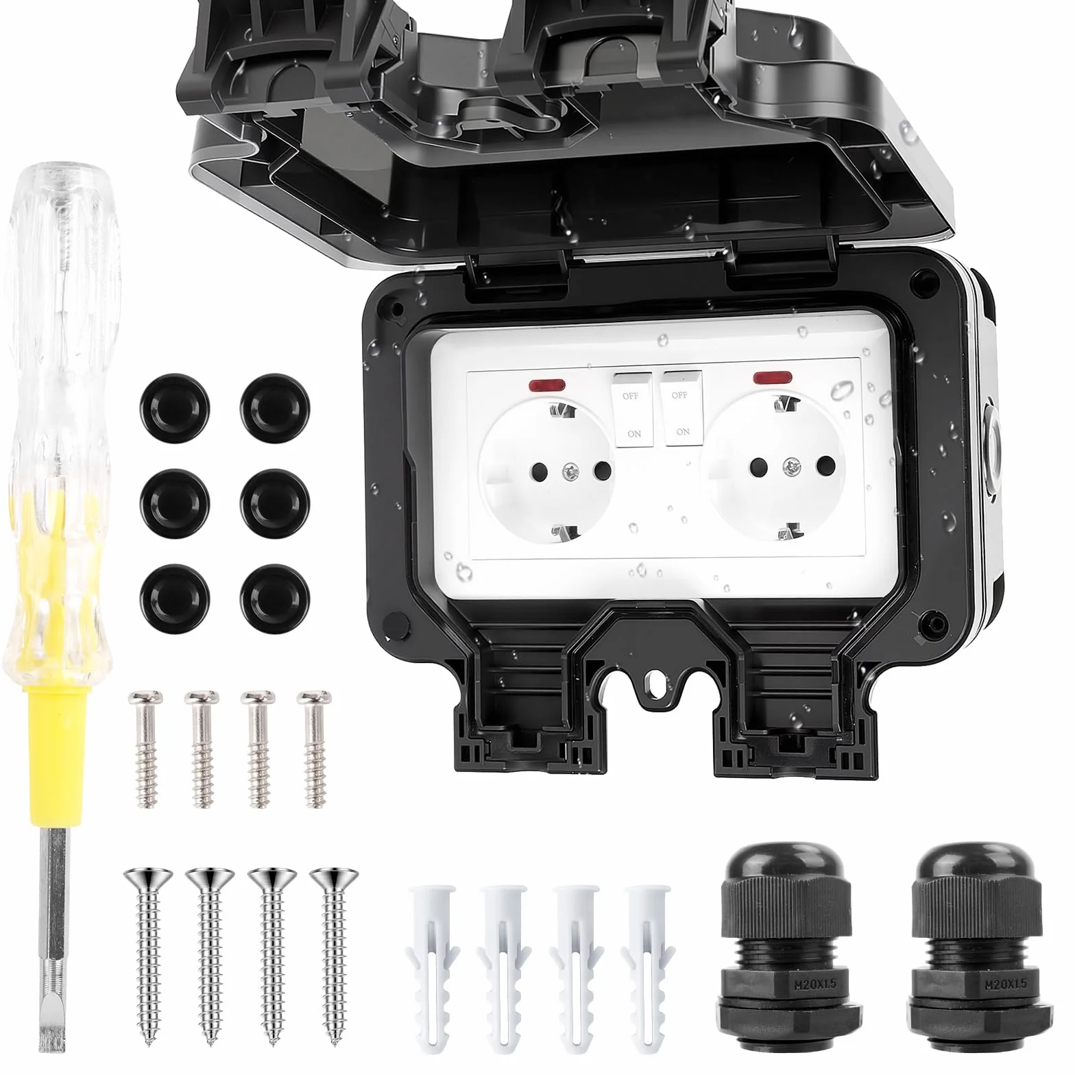 Prise Exterieure Etanche IP66 avec Interrupteur et Voyant Lumineux, Prise Etanche Exterieur en Saillie pour le Jardin, Espaces Extérieurs et Garage
