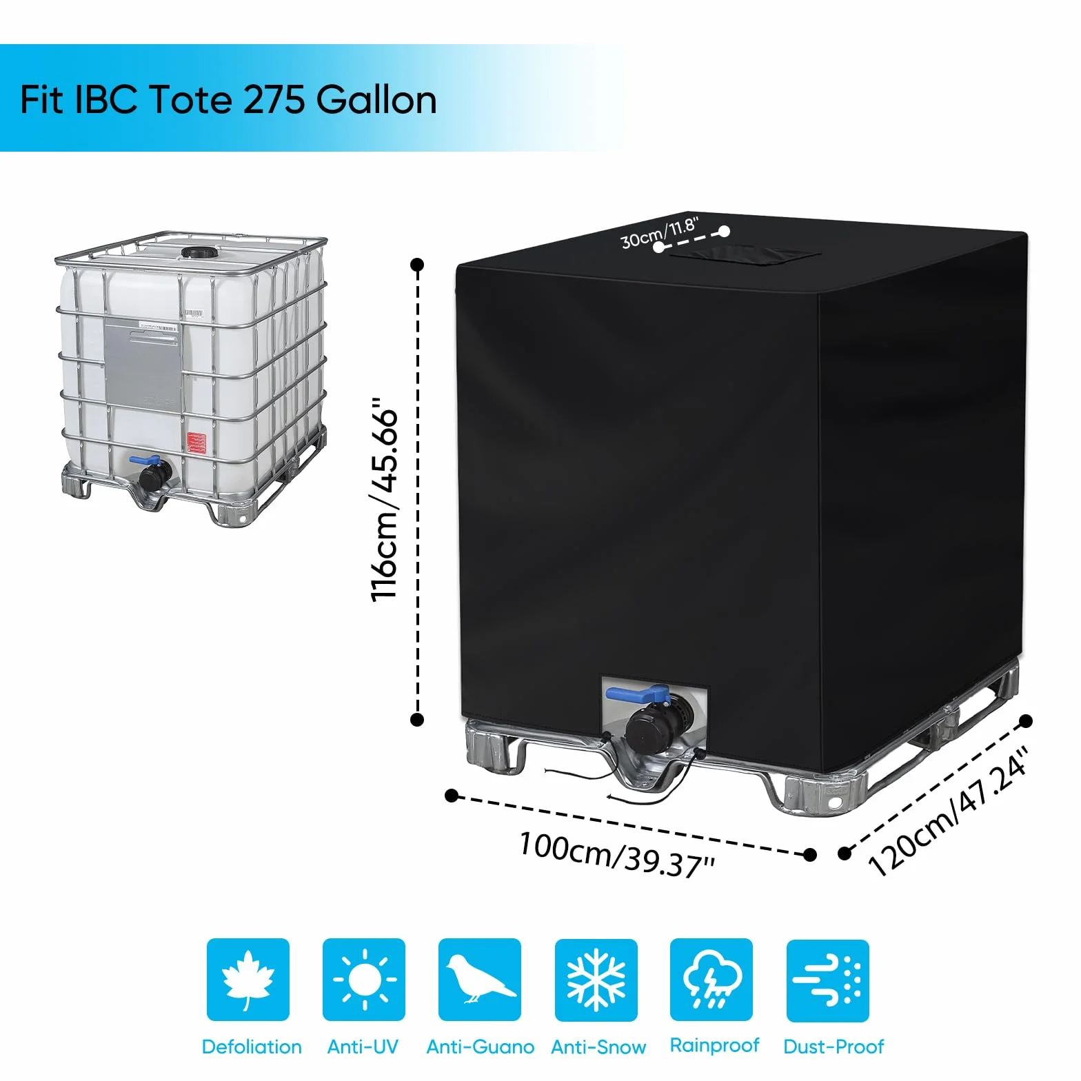 Bâche IBC 1000 L Anti-UV NEVERLAND Couverture Réservoir Eau Pluie 420D Coupe-Vent Noir 120x100x116cm