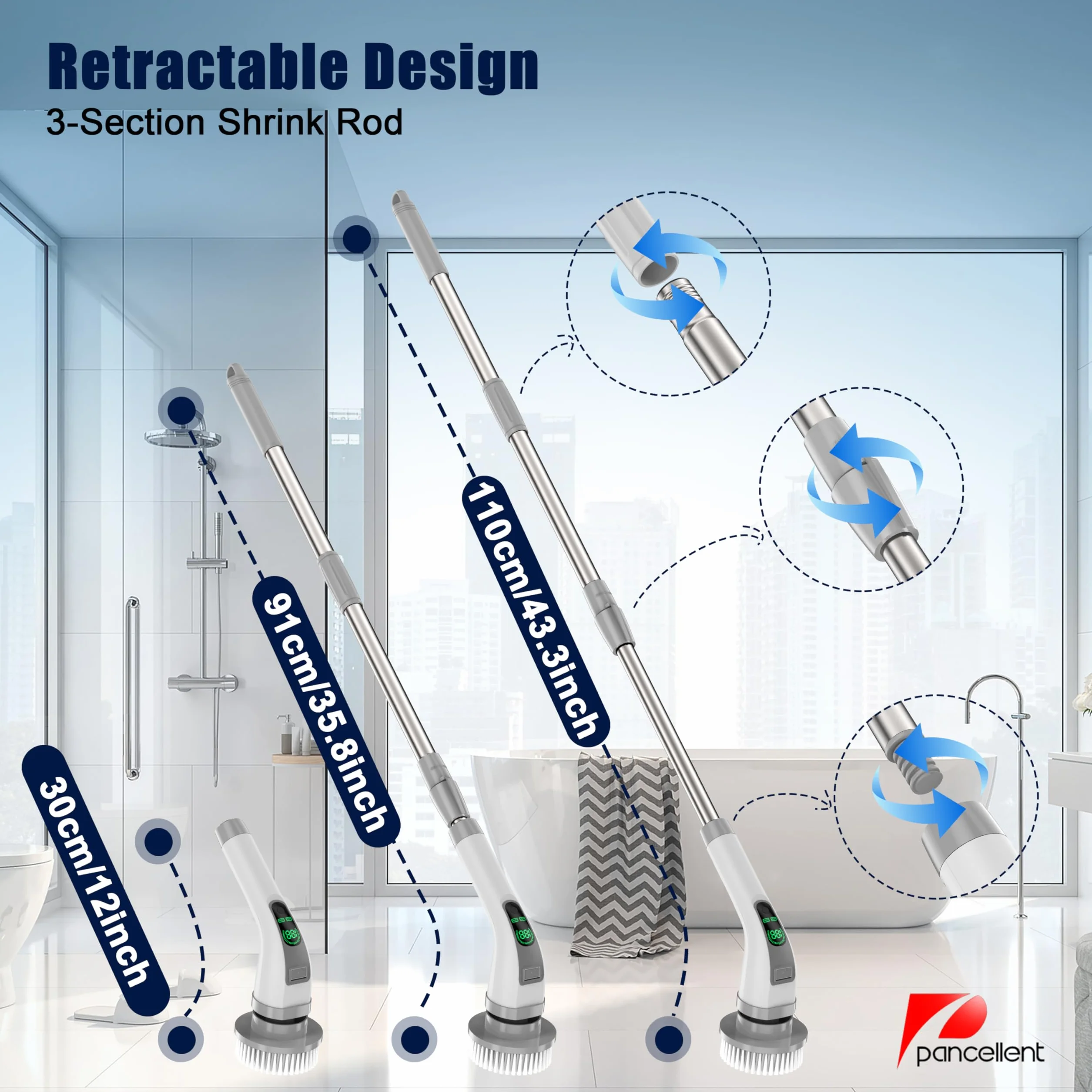 Brosse de Nettoyage électrique rotative, Mise à Niveau 2025 7 en 1, Nettoyage Puissant à 360 TR/Min, Brosse de Salle de Bain à Double Vitesse de 1,5 h avec Bras d'extension pour Cuisine, Voiture