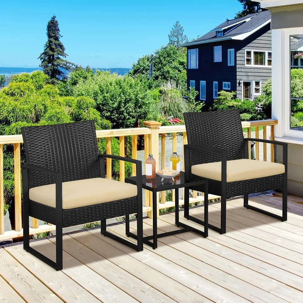 Yaheetech Salon de Jardin Exterieur 2 Fauteuils 1 Table Basse Poly Rotin Metal Noir/Kaki