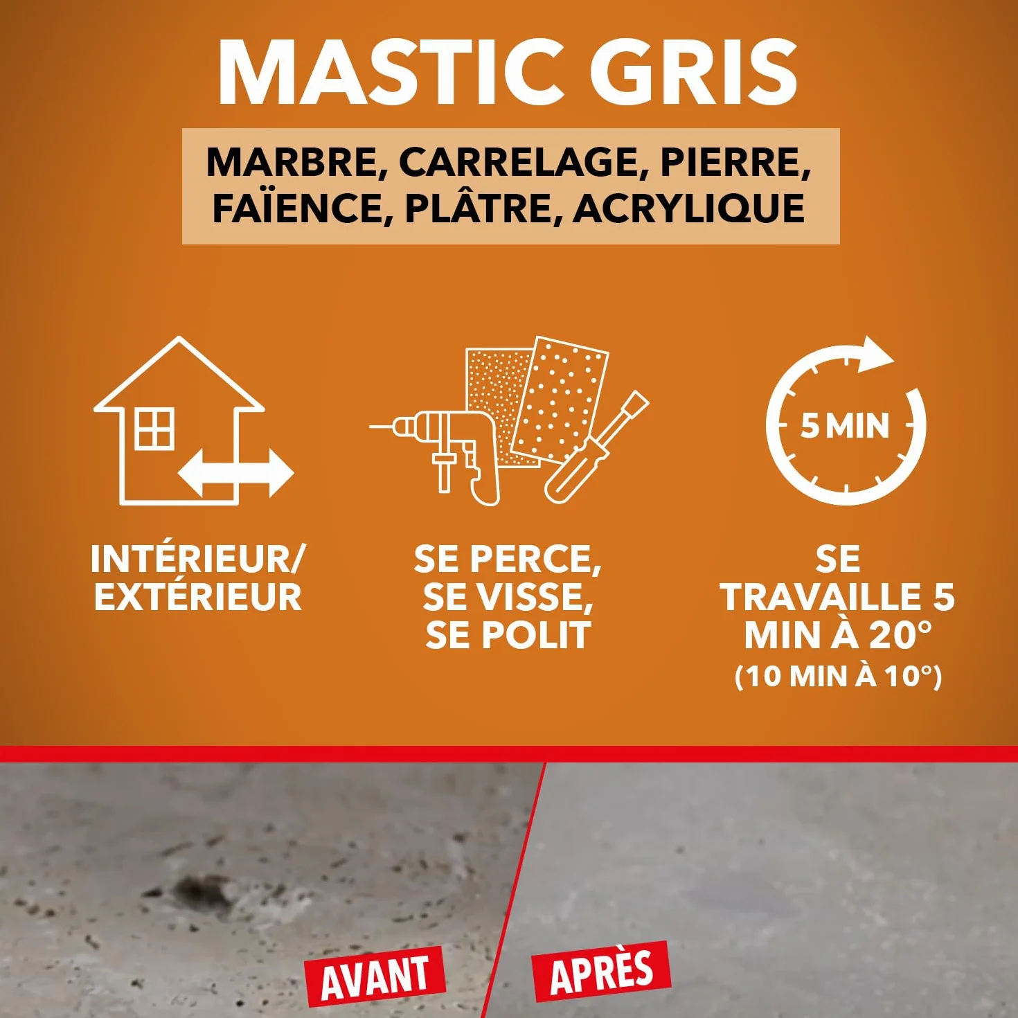 SINTO Répare sols et murs gris 280g, reconstitue rebouche et colle, ardoise marbre pierre bleue béton ciré et toutes pierres, séchage rapide, rénove sols et murs, intérieur et extérieur
