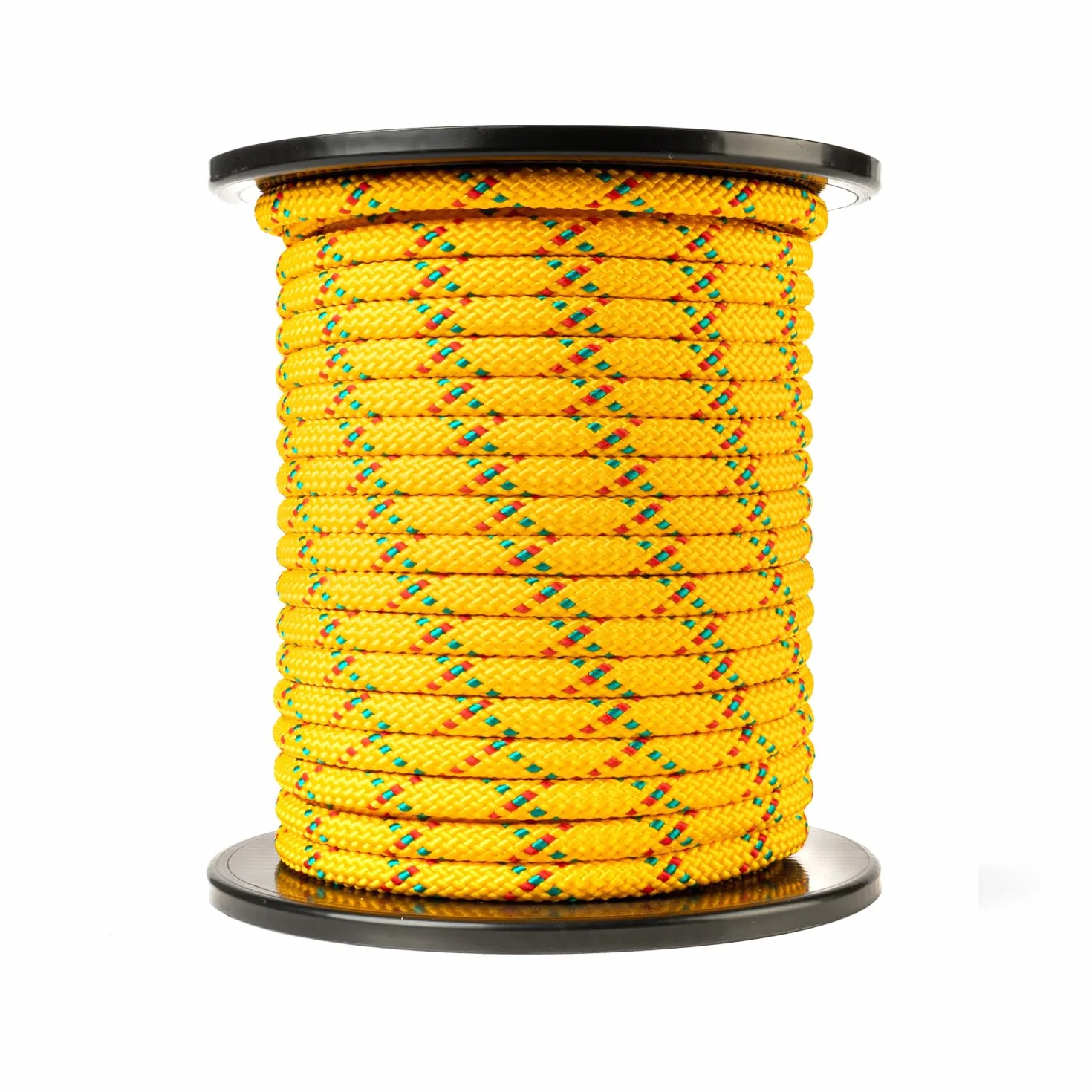 Corde en polypropylène (10mm, 50m, Jaune avec Rouge et Vert) - Corde tressée légère et Polyvalente pour l'extérieur, la Survie et Le Jardin - Pas pour l'escalade! - Charge de Rupture 1326kg