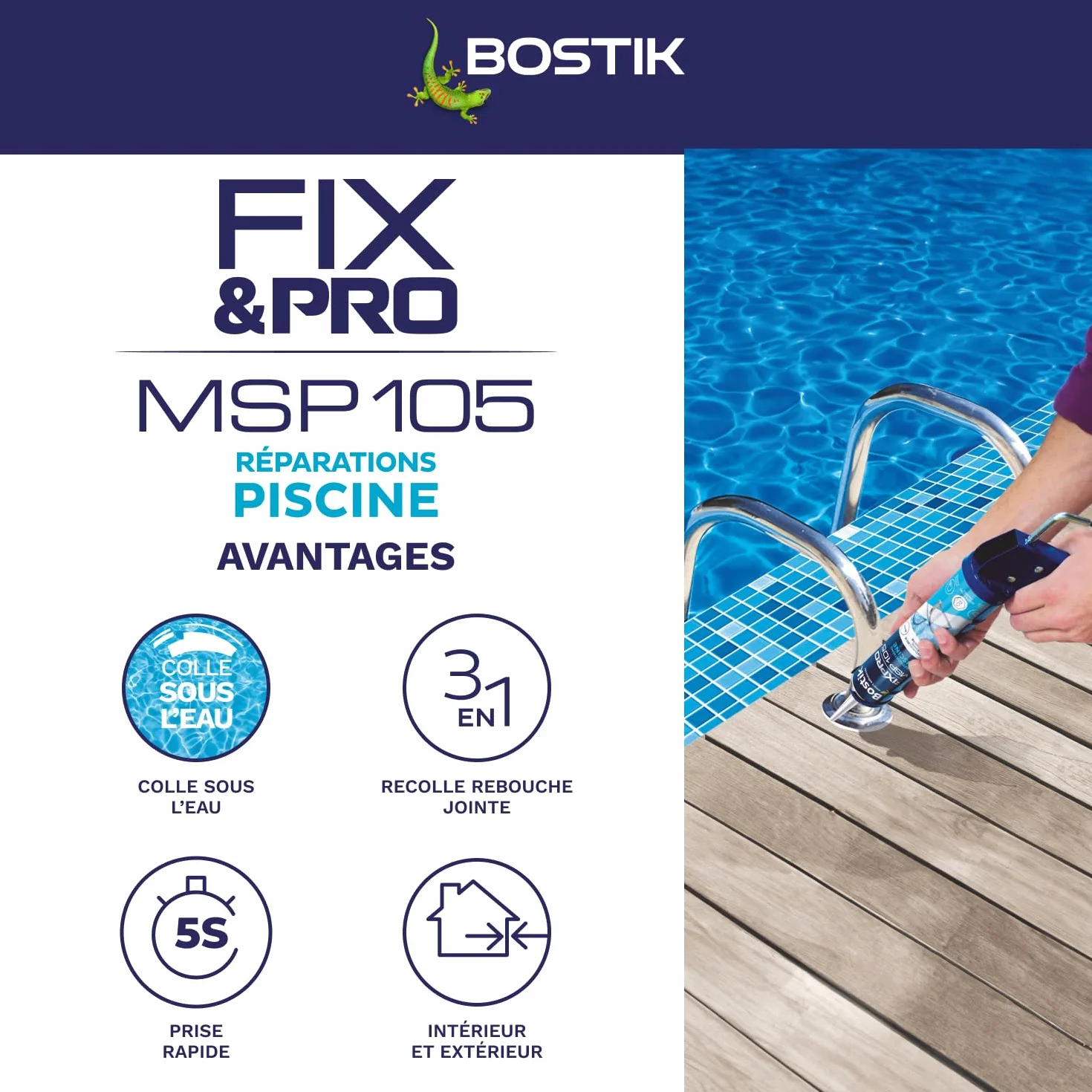 Bostik FIX&PRO MSP 105 Réparations Piscine Blanc – Mastic Pour Carrelage, Mosaïque et Pièces à Sceller Piscine – Intérieur/Extérieur – MS Polymère – 290 ml