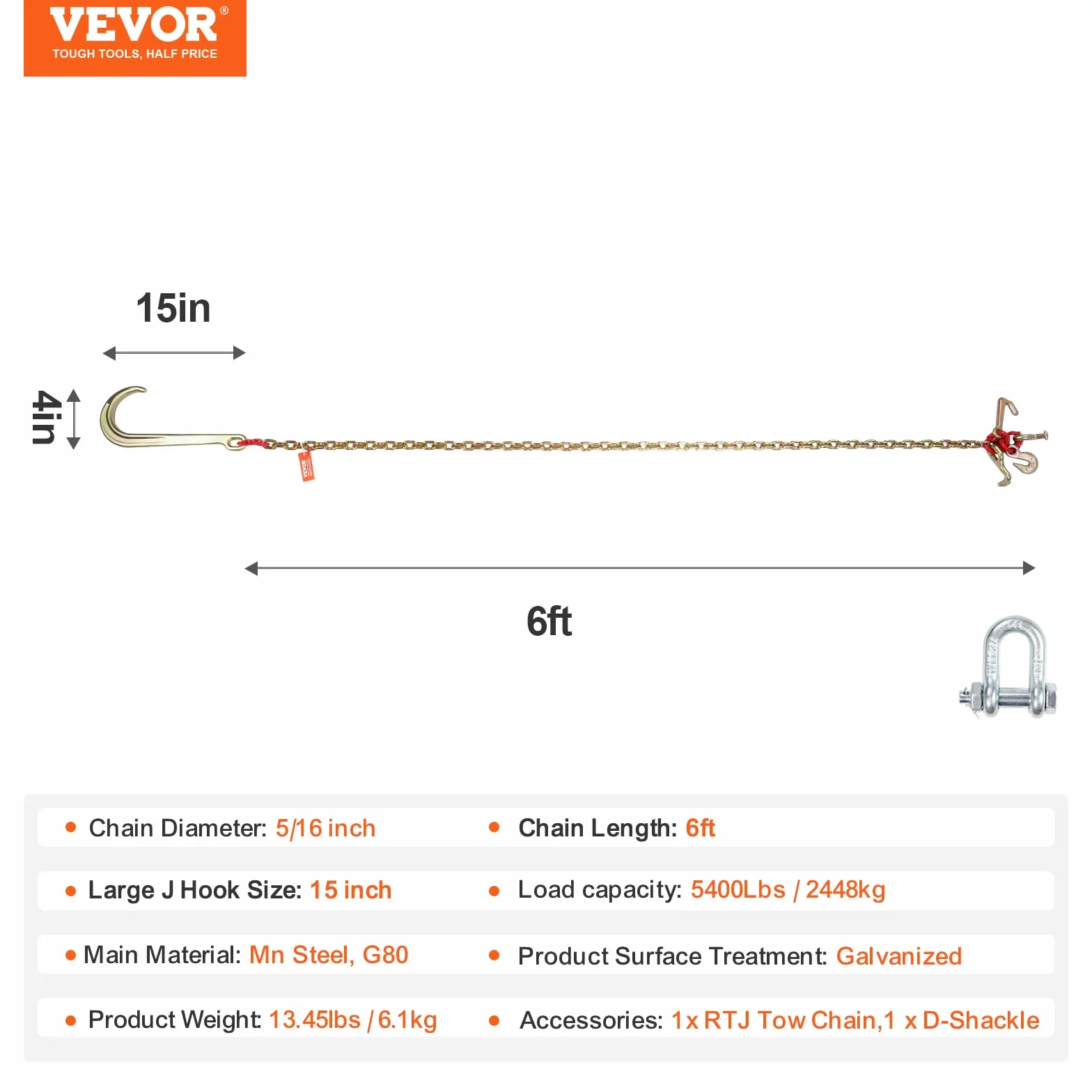 VEVOR Chaîne de Remorquage à Crochet J Tige Longue, Capacité de Charge 2448 kg,​ Chaine de Remorque G80 avec Crochet RTJ, 8 mm x 180 cm, pour Récupération, Dépannage, Transport, Dépanneuse, Camion
