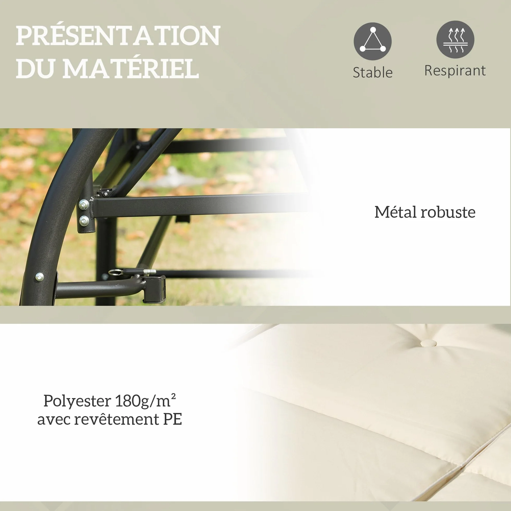 Outsunny Balancelle de Jardin 3 Places Convertible Toit réglable Matelas 8 cm 1,95L x 1,17l x 1,75H m métal époxy Noir crème