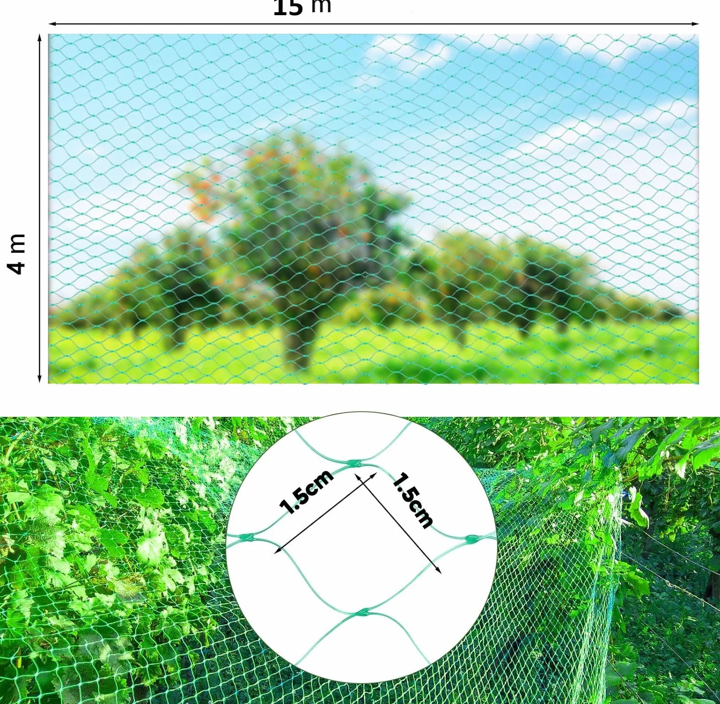 Filet Anti Oiseaux 4x15m Jardin Protection Maille 1.5x1.5cm