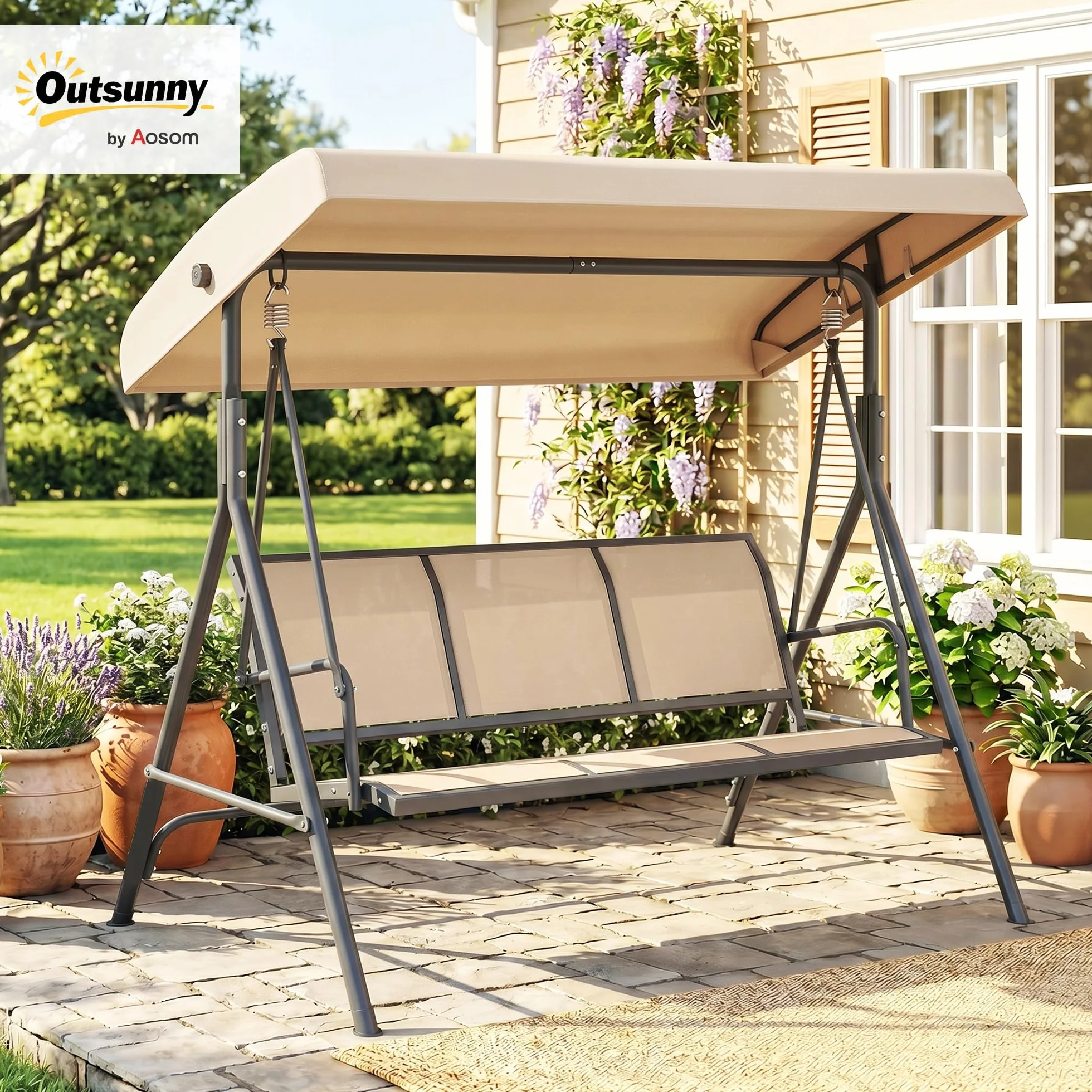 Outsunny Balancelle de Jardin 3 Places Toit Inclinaison réglable Acier époxy Beige