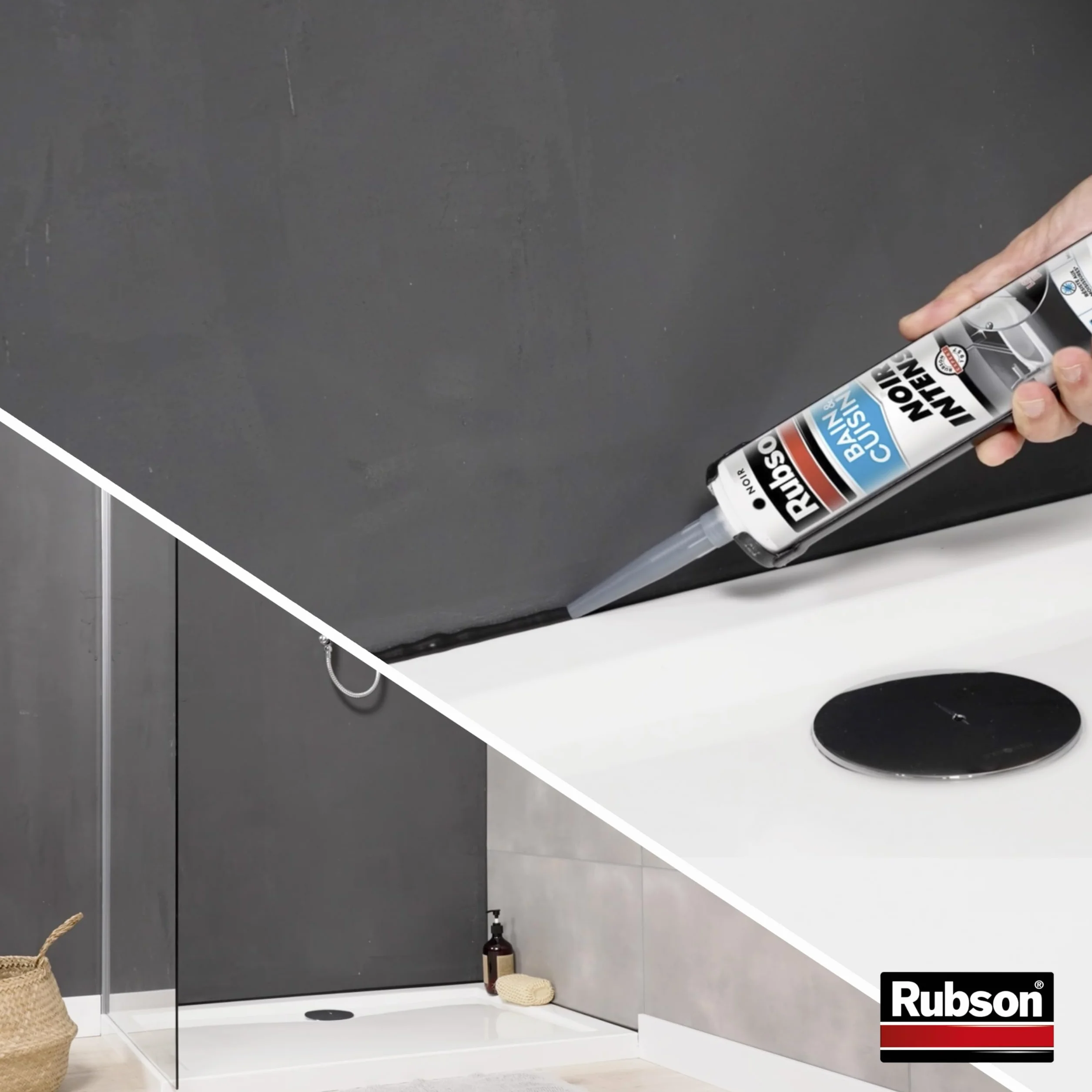 Rubson – Mastic Bain & Cuisine Noir Intense (cartouche de 280 ml) – Joint silicone multi-matériaux renforcé en antifongiques – Mastic sanitaire coloré, souple & étanche