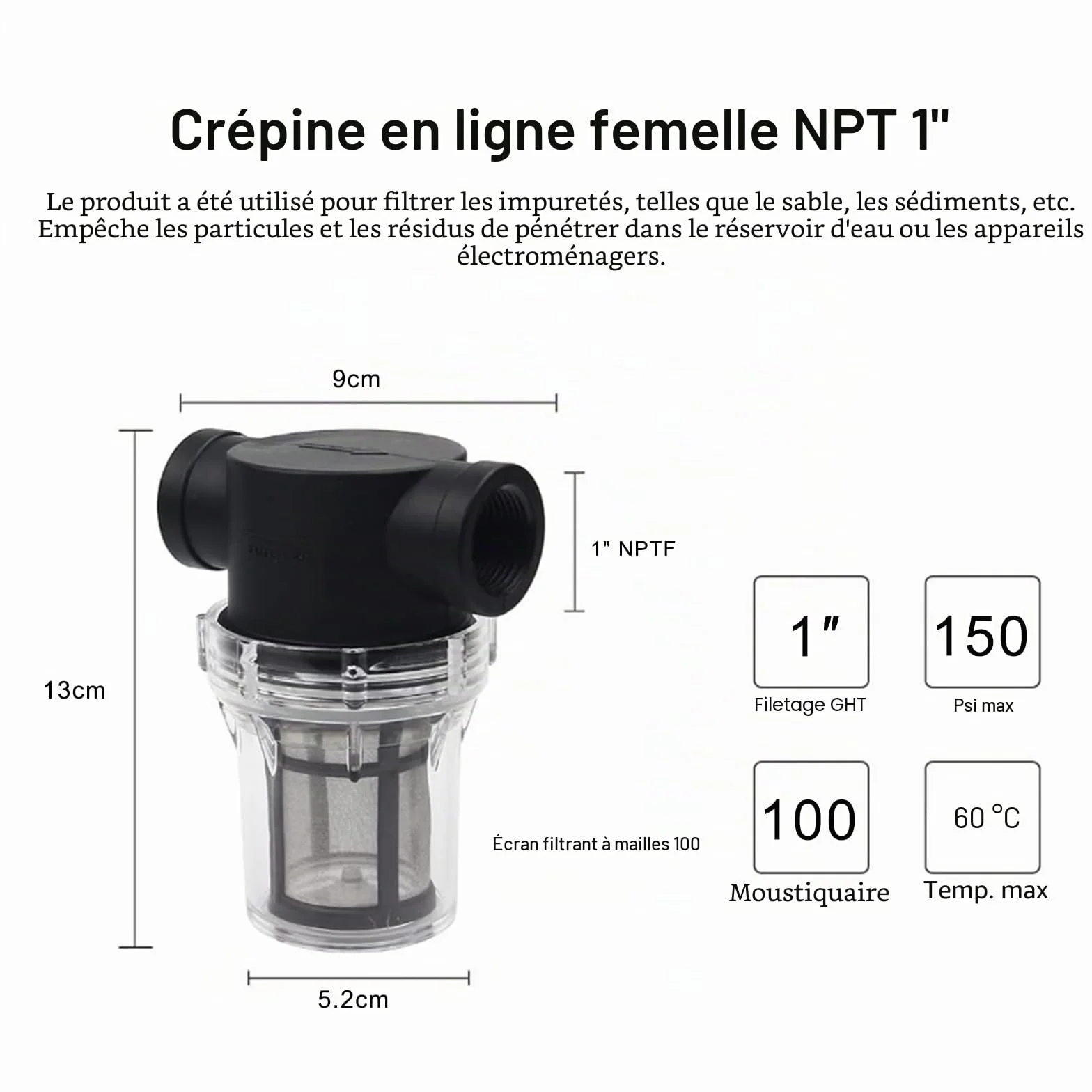 Filtre de Pipeline 1" Filtre pour Pompe à Eau Tamis Acier Inoxydable 100 mailles