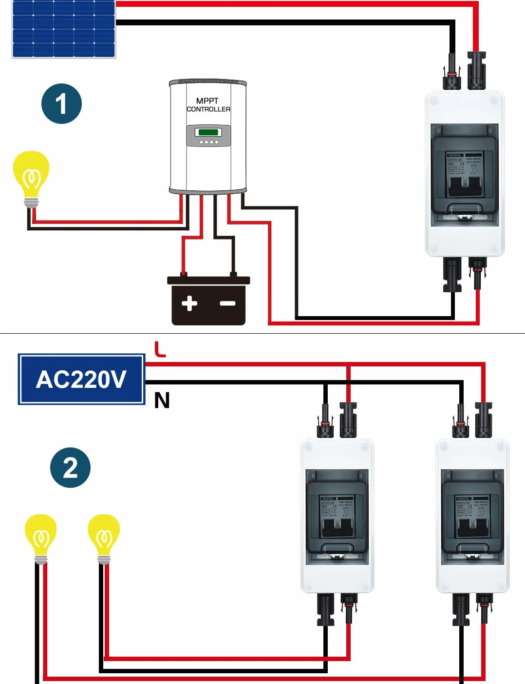 DIHOOL DC disjoncteur système photovoltaïque disjoncteur fusible automatique 2 pôles 10A avec câble prise solaire ip65 boîtier étanche