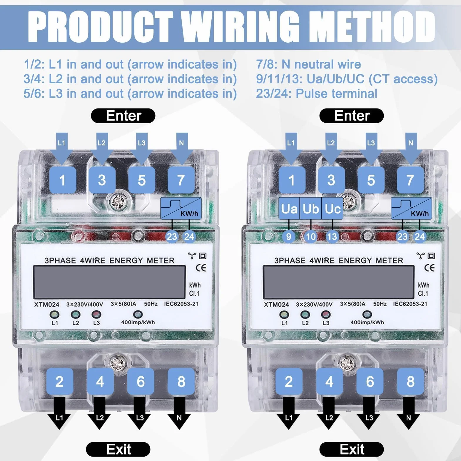 Compteur électrique triphasé à 4 fils - 230/400 V - 5 à 100 Ah - Avec rail DIN - Compteur électrique numérique LCD - Compteur triphasé - Compteur électrique numérique - Compteur triphasé - Pour