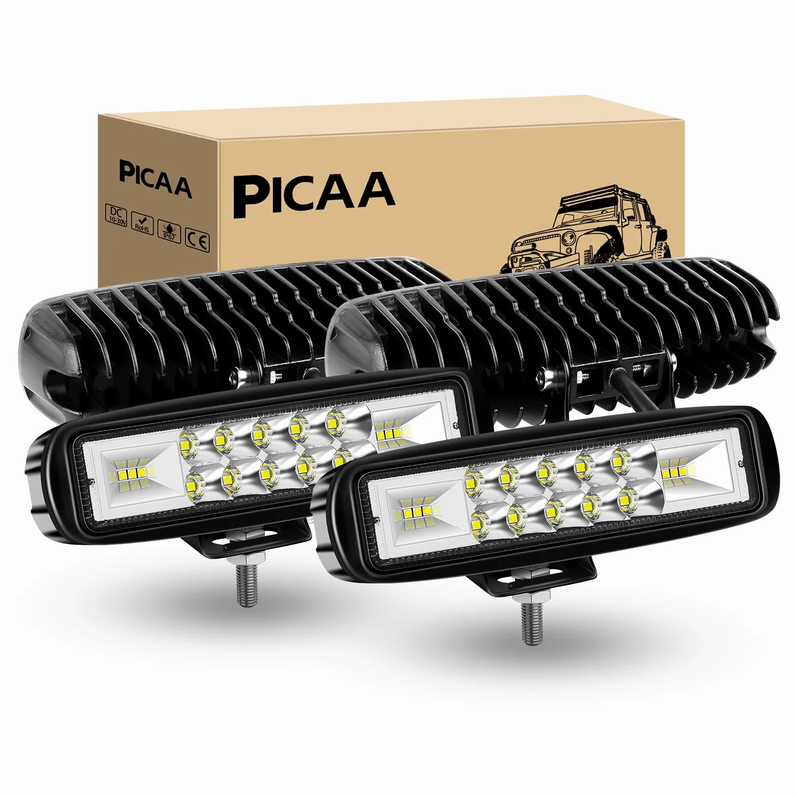 PICAA Phare de Travail LED, 4 PCS 6 Pouces 24W Étanche Projecteur LED | 7D,Faisceau Combo,longue portée, Feux de Travail, 12V 24V, hors route pour Voiture 4x4 Truck ATV SUV Camion Tracteur Moto