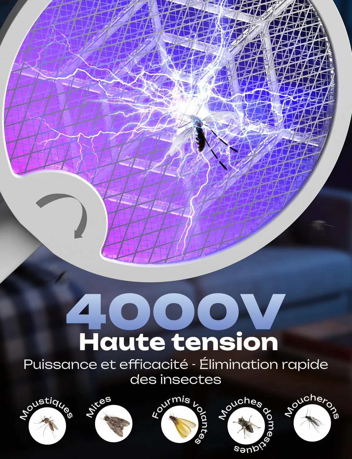 YISSVIC Raquette Electrique Anti Moustique 4000V 1800mAh Pliable Rechargeable USB-C