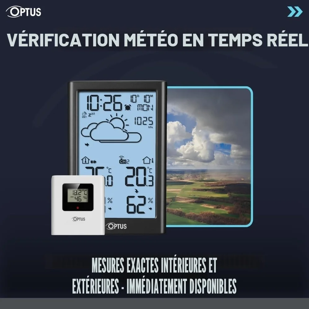 Station météo sans fil Optus avec capteur extérieur, horloge DCF, alerte gel, noir