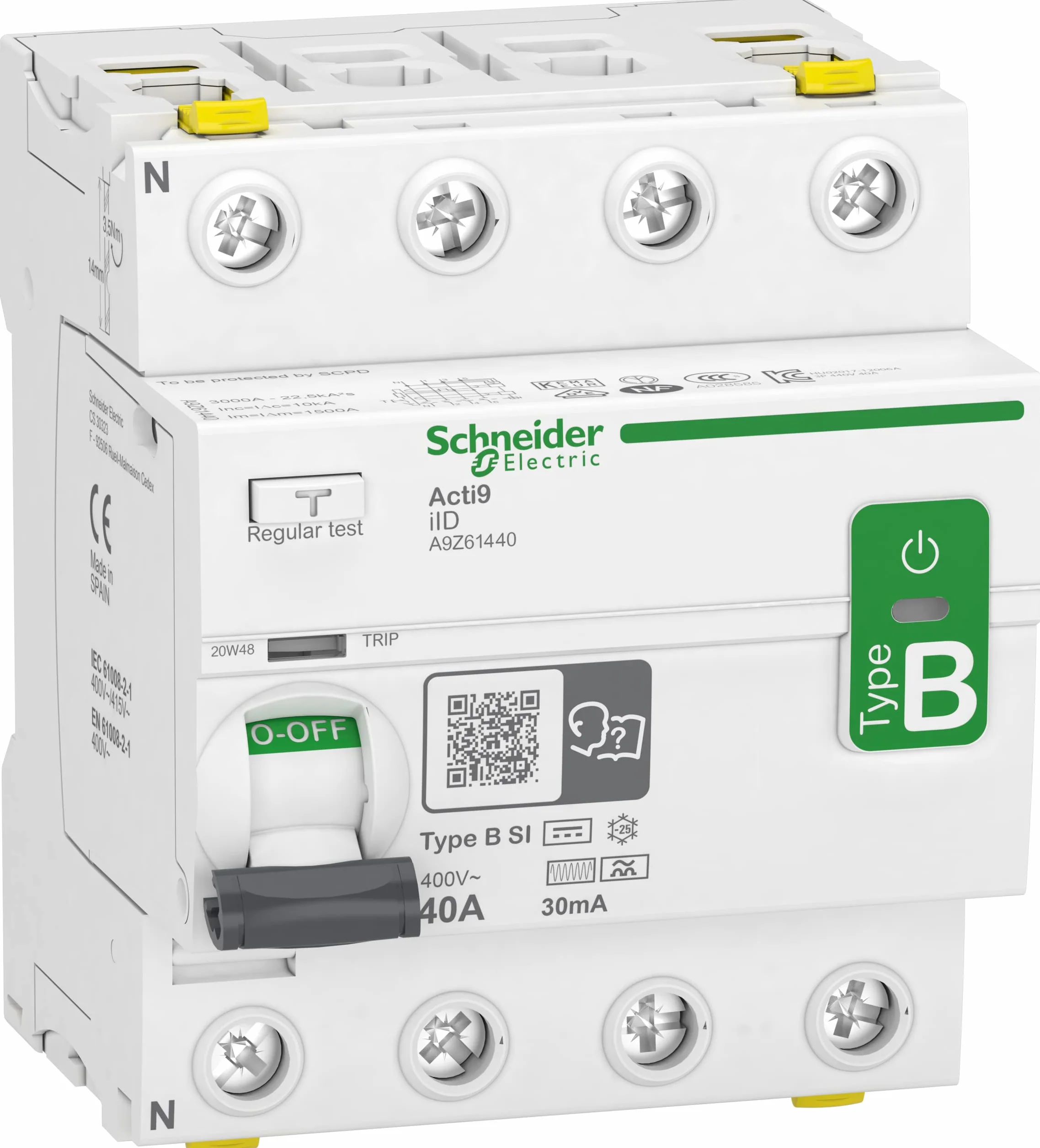 Schneider Electric - Acti9 iID - interrupteur différentiel - 4P - 40A - 30mA - type B - SI - 400V - A9Z61440