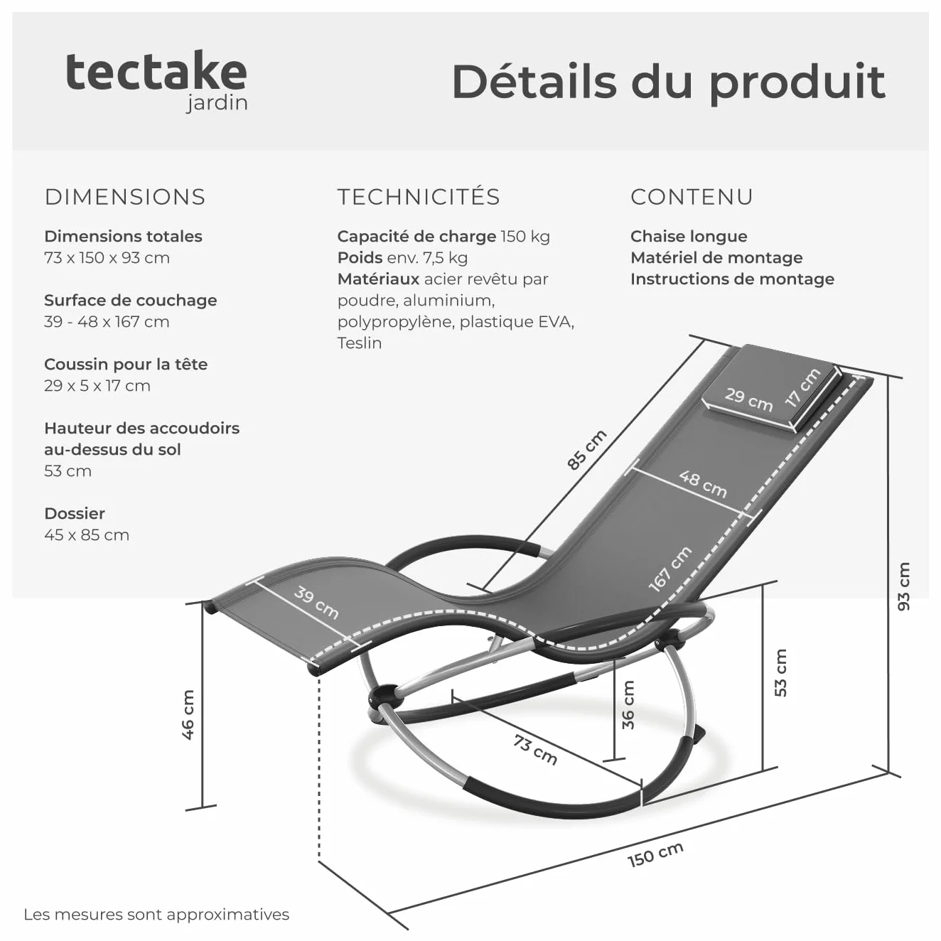 tectake Chaise Longue Pliante Bain de Soleil Jardin Exterieur Cadre Acier Aluminium Transat Plage Relax Camping