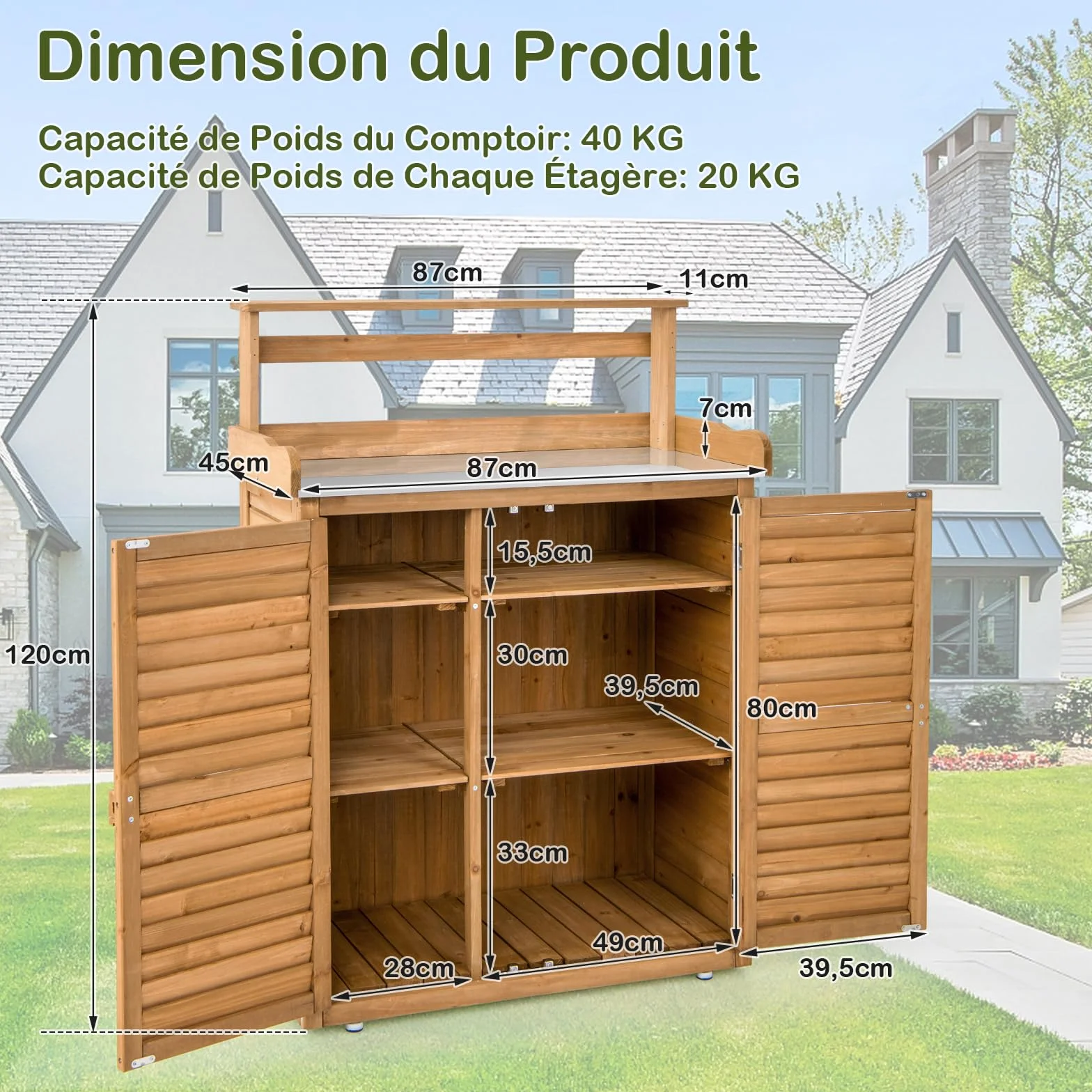GOPLUS Table de Rempotage en Bois de Sapin, Armoire de Rangement de Jardin avec Plateau en Métal, 87 x 45 x 120 cm, Naturel