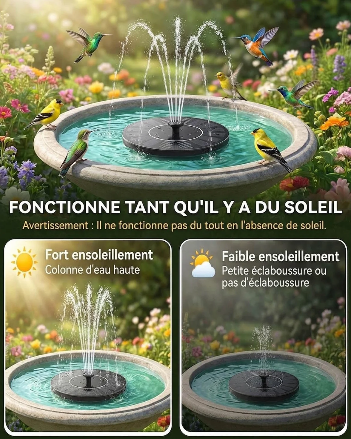 Fontaine Solaire Extérieure de Jardin Flottante avec 7 Jets d’Eau et Éclairage RGB