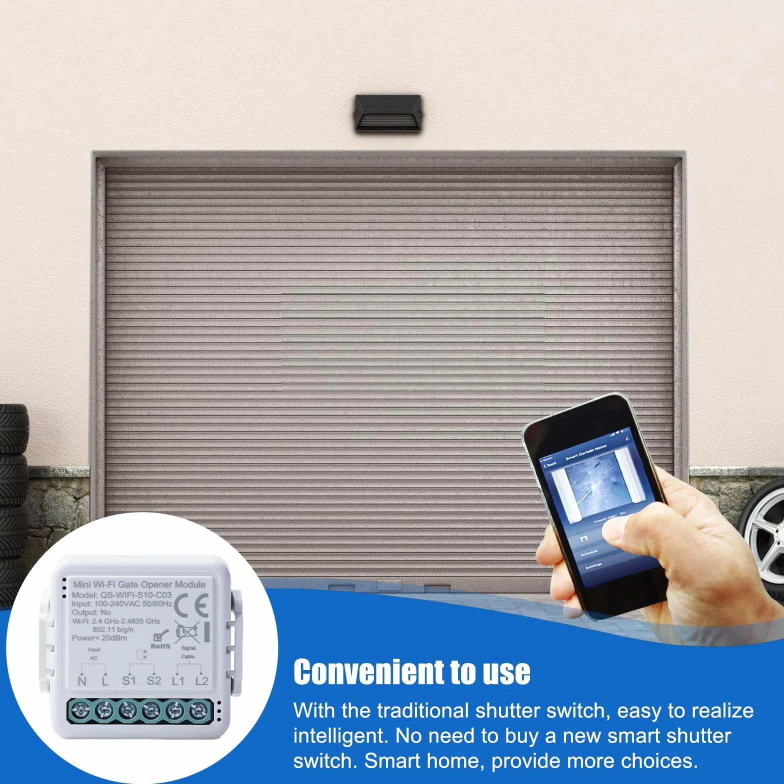 Ouvre-porte de garage Wi-Fi intelligent, ouverture de porte de garage par téléphone portable, contrôle par application, compatible avec Alexa/Google Home, commande vocale, minuterie, convient pour
