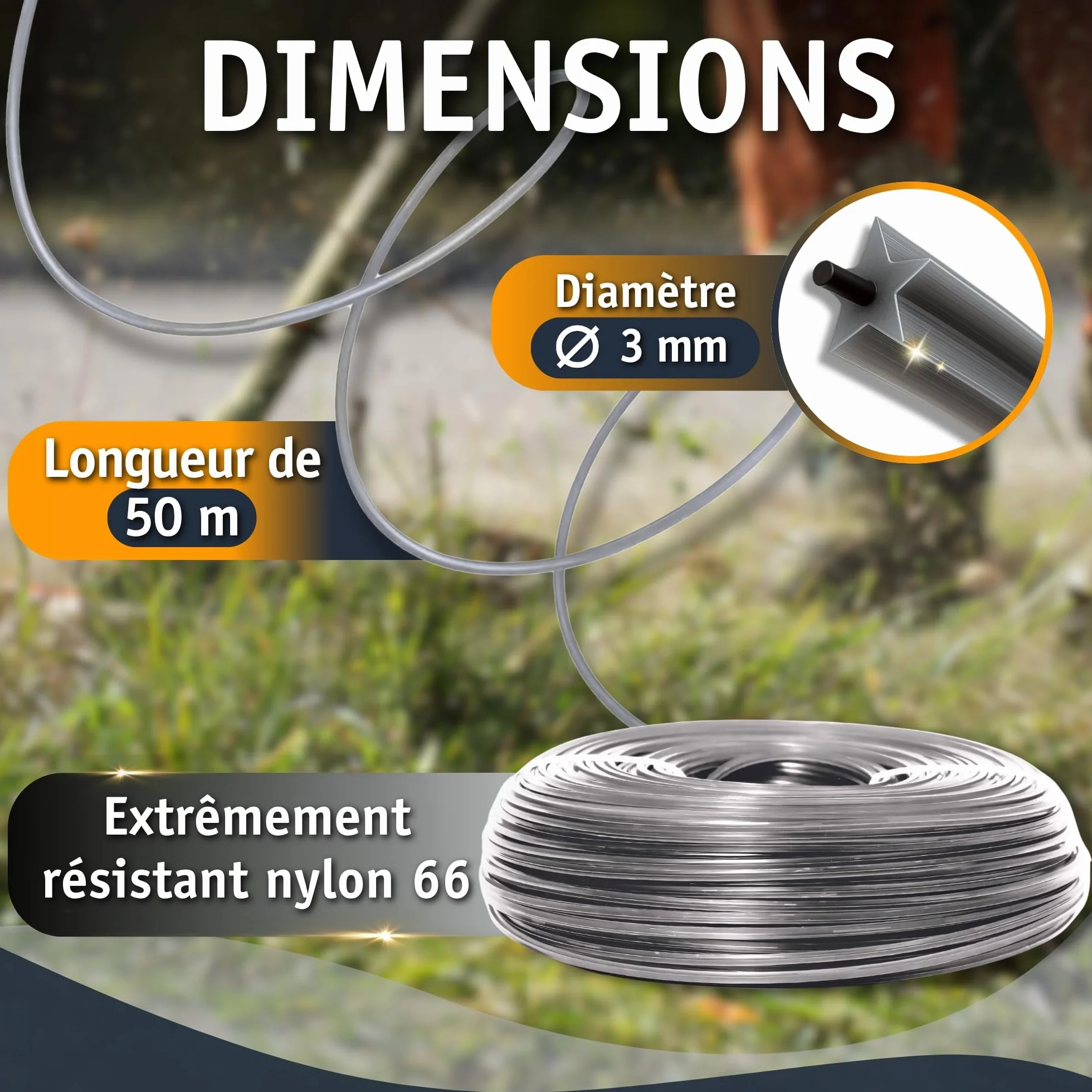Fil de débroussailleuse 3mm 50m coupe-bordure rotatif renforcé incassable