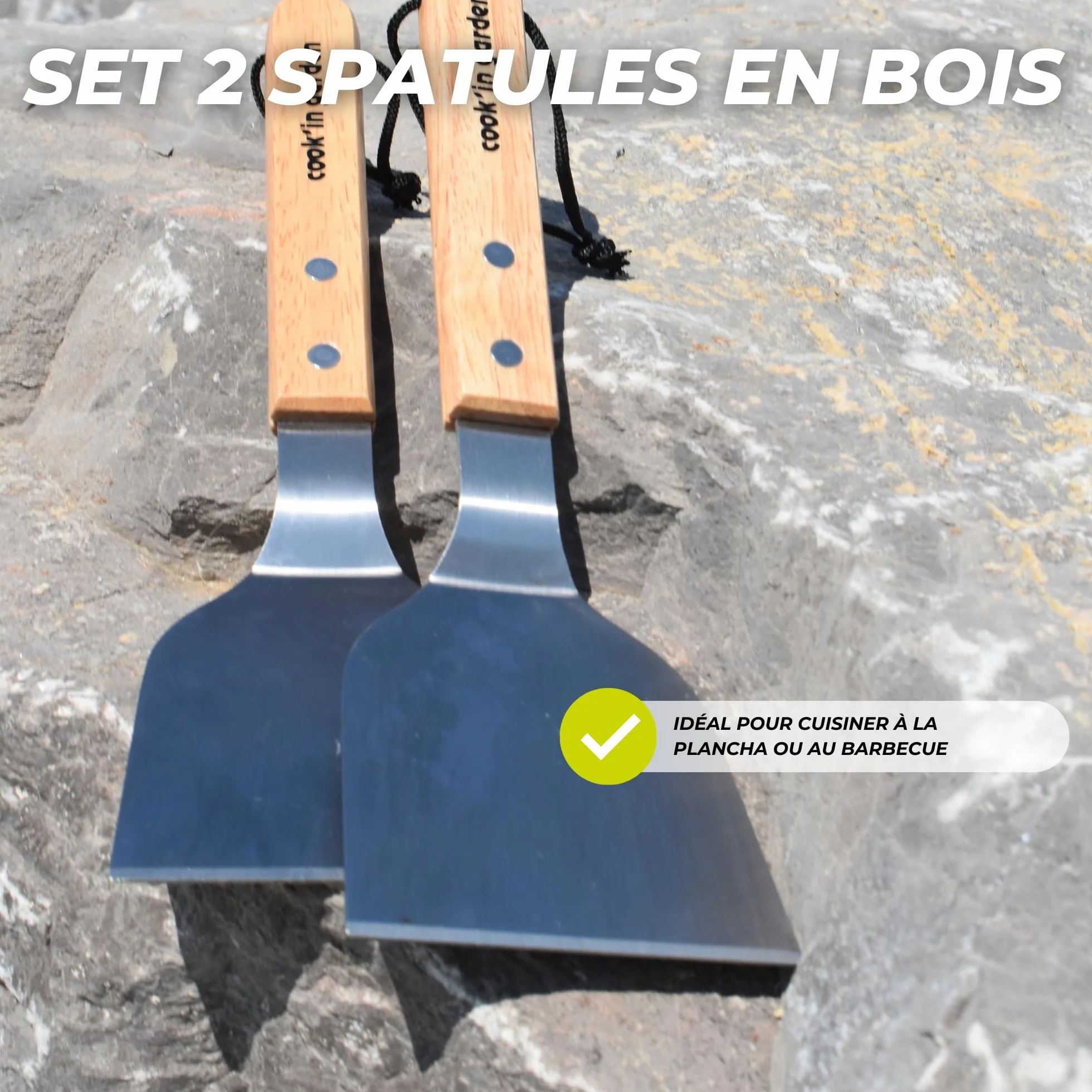 Set de 2 Spatules Plancha, Manche Bois FSC® 100% et Lame Inox, Accessoires Robustes pour Barbecue