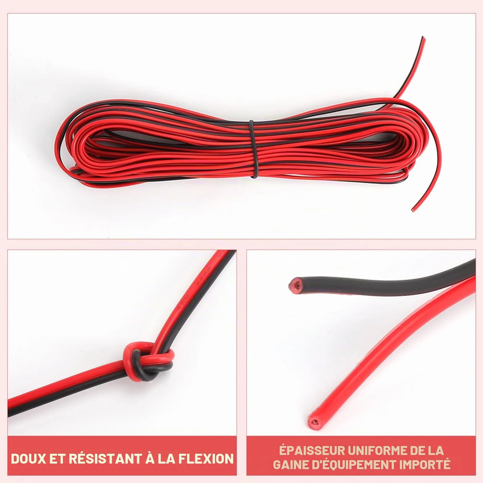 TNSLAND Fil électrique 12v 10 Mètres 22AWG, Cable 12v, Câble électrique à 2 Conducteurs Noir et Rouge, Câble LED, Câble à 2 Conducteurs pour Projets DIY avec Bandes LED et Câblage électronique