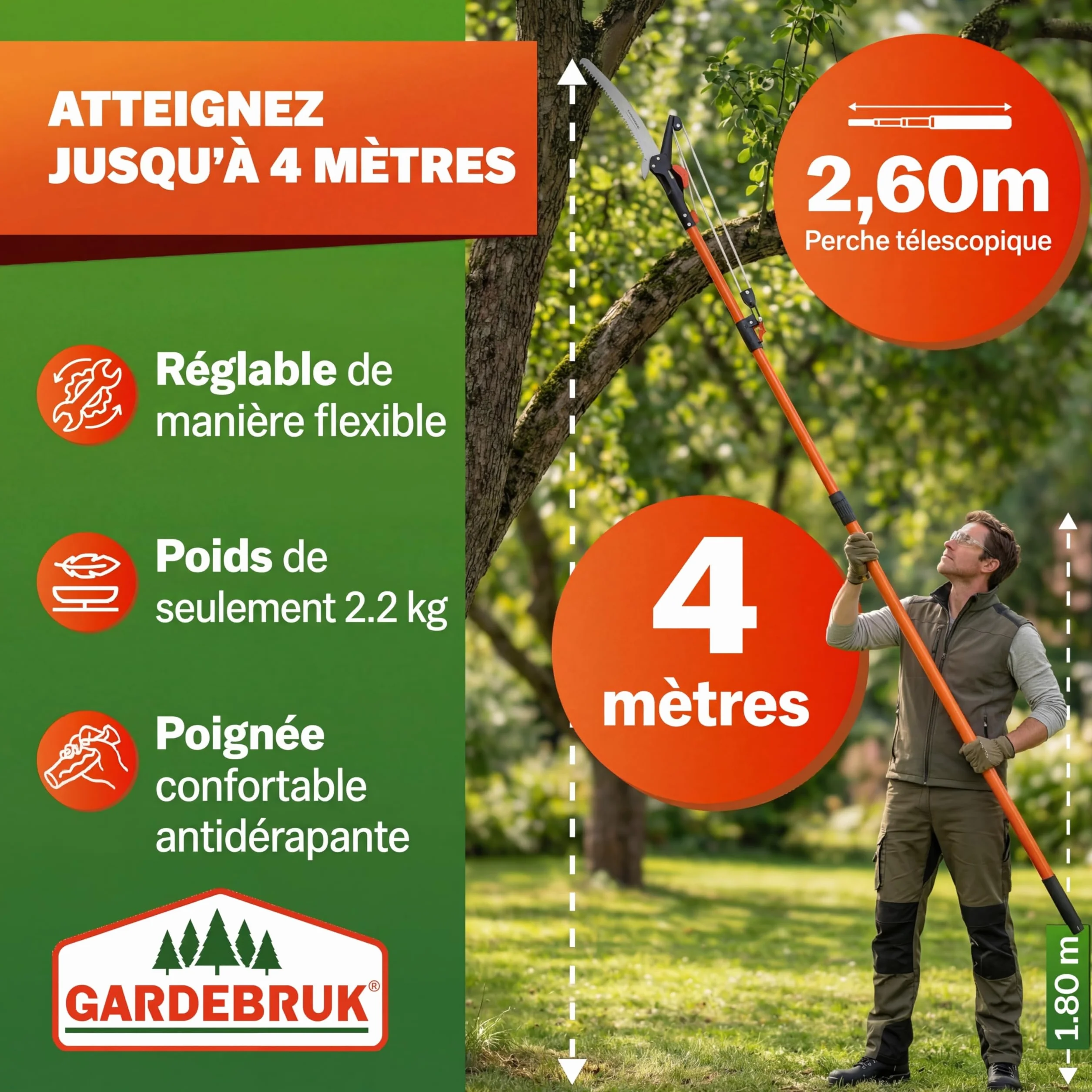 Deuba® Scie télescopique 2en1 Hauteur de Travail Max. 4m Corde tirage sécateur Coupe-Branches Arbre scie à élaguer Jardinage Outil