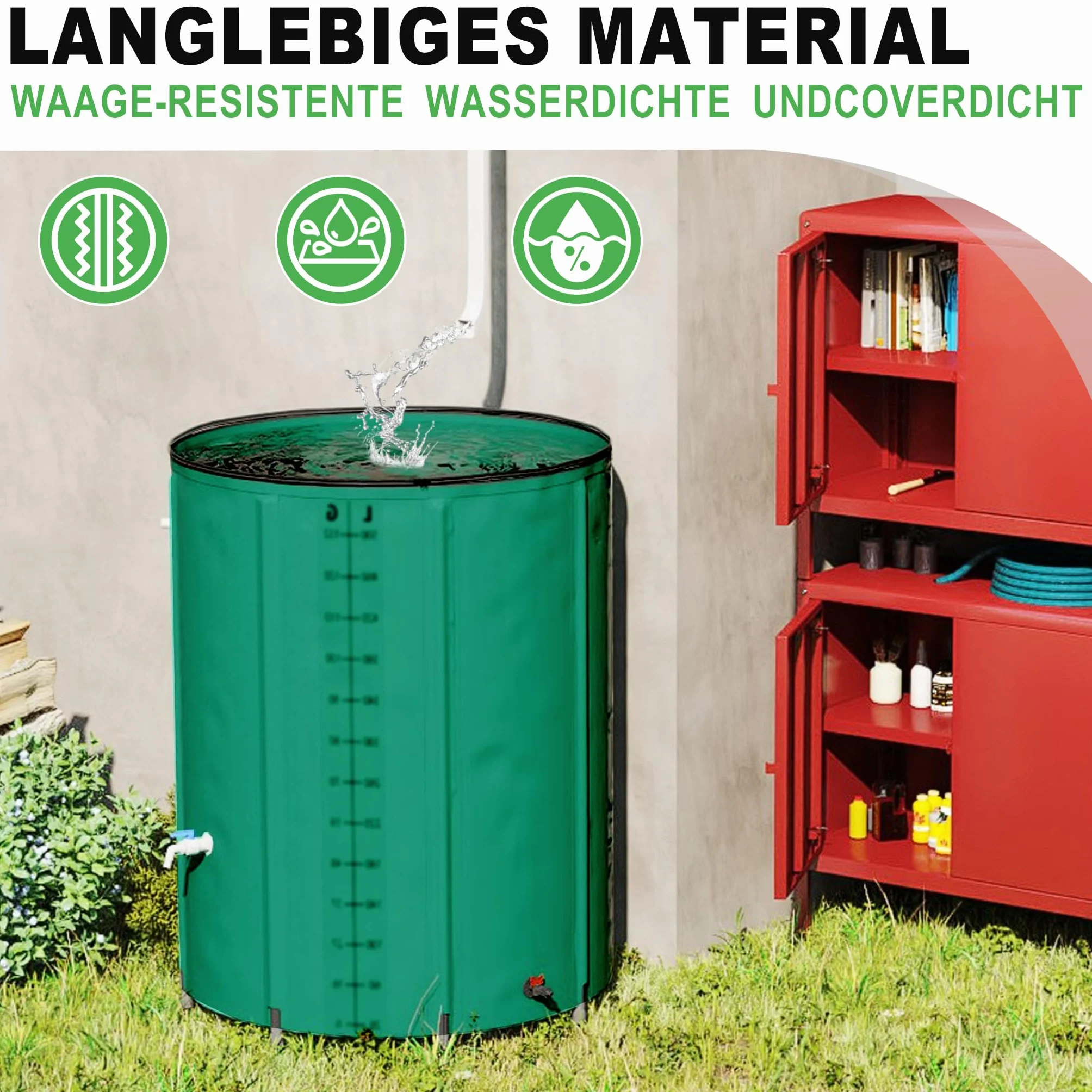 Récupérateur d'eau de pluie pliable 200 l PVC mat avec couvercle - Vert